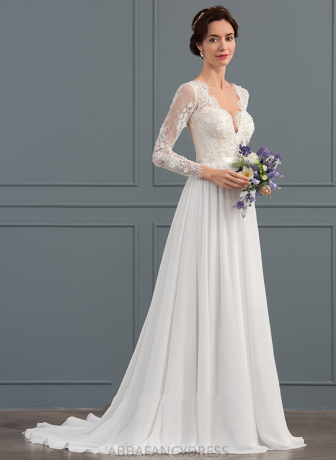 Chiffon A-Line Beading Dress With Wedding Dresses Train Sequins Lace Monique Wedding V-neck Sweep