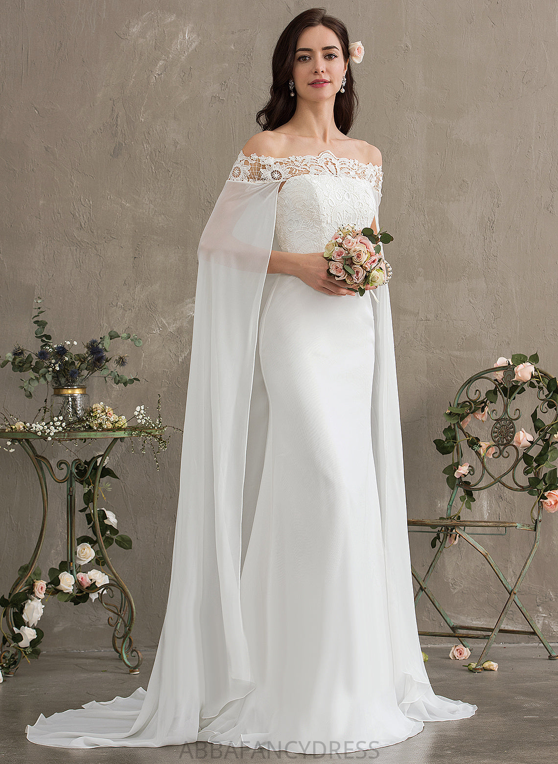 Sheath/Column Lace Train Wedding Willow Off-the-Shoulder Dress Wedding Dresses Lace With Court Chiffon