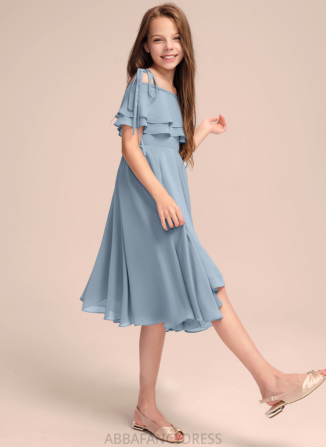 Asymmetrical Off-the-Shoulder A-Line With Junior Bridesmaid Dresses Chiffon Ruffles Cascading Priscilla