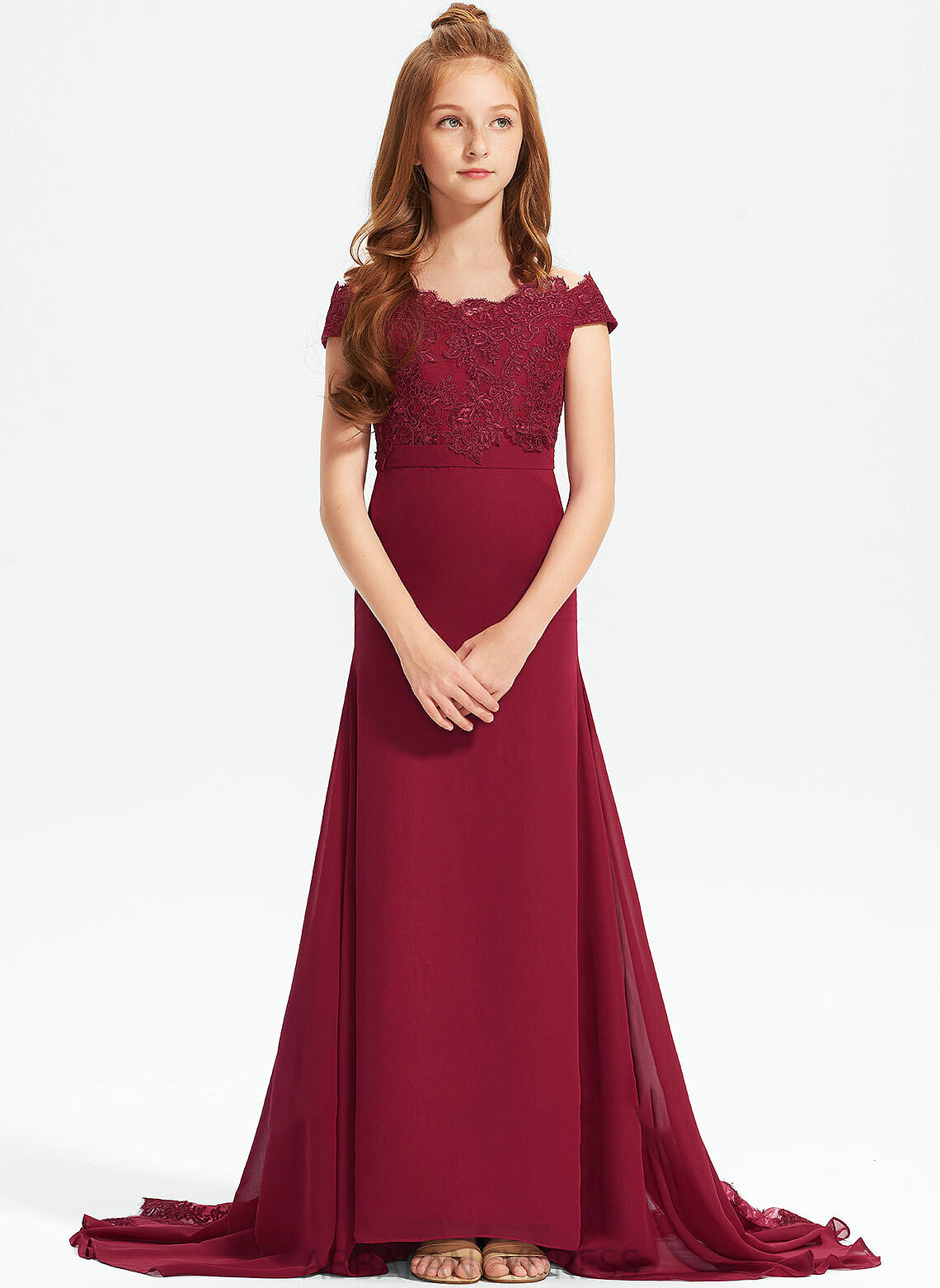 Chiffon Lace Londyn Train Trumpet/Mermaid Court Junior Bridesmaid Dresses Off-the-Shoulder