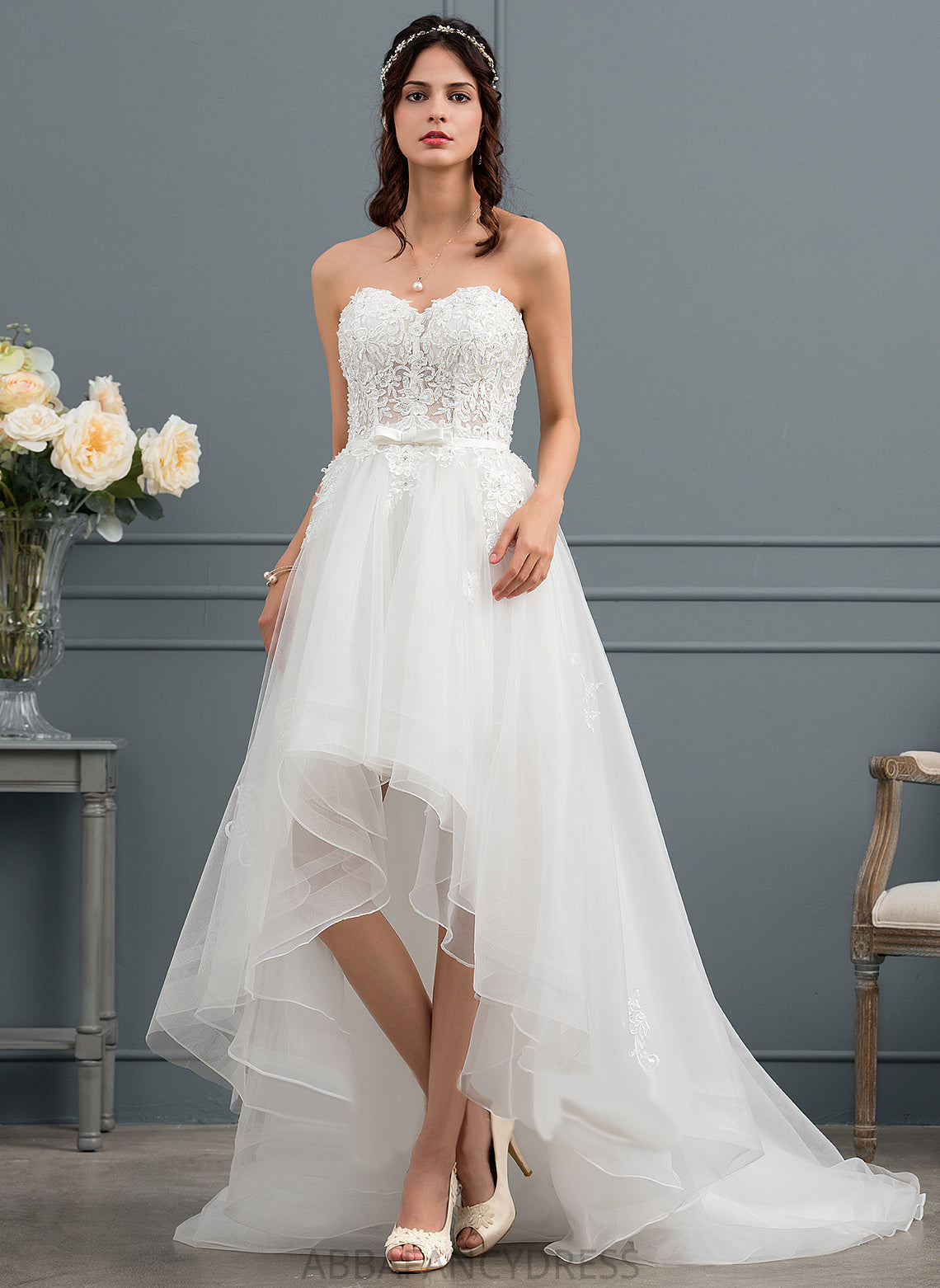 Bow(s) Kristin Wedding Asymmetrical A-Line Lace Wedding Dresses Satin Beading With Dress Sequins Sweetheart Tulle