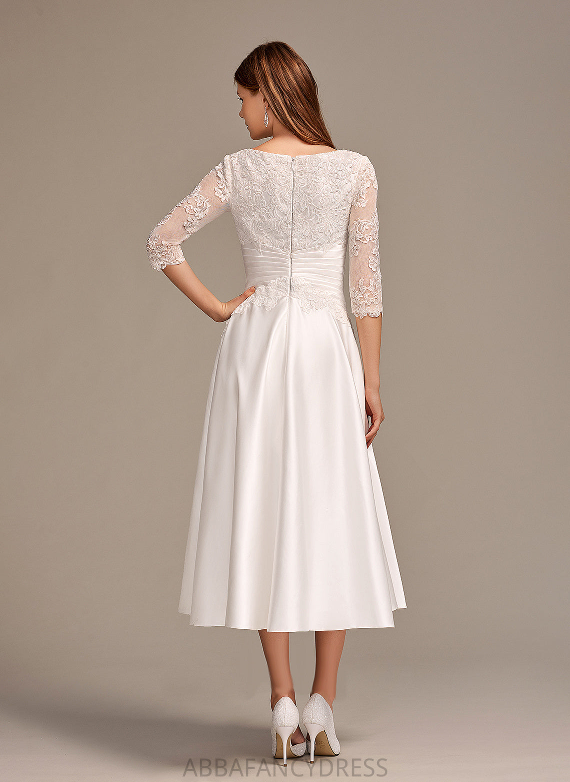 Tea-Length Lace With Scoop Dress Pockets Angela Satin Neck Wedding Dresses A-Line Wedding