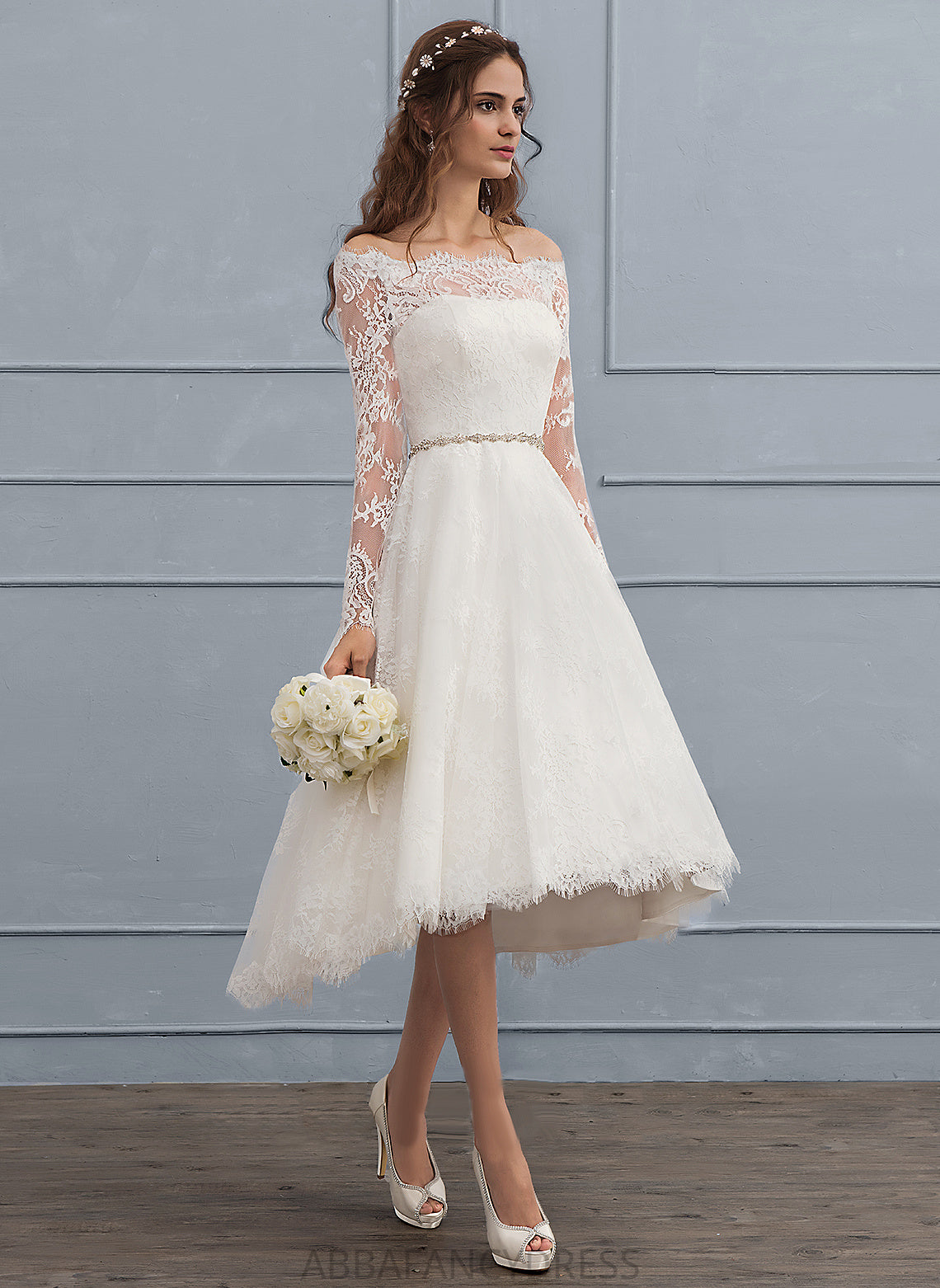 Beading Wedding Dresses Wedding Dress Asymmetrical Aileen Off-the-Shoulder With A-Line Lace