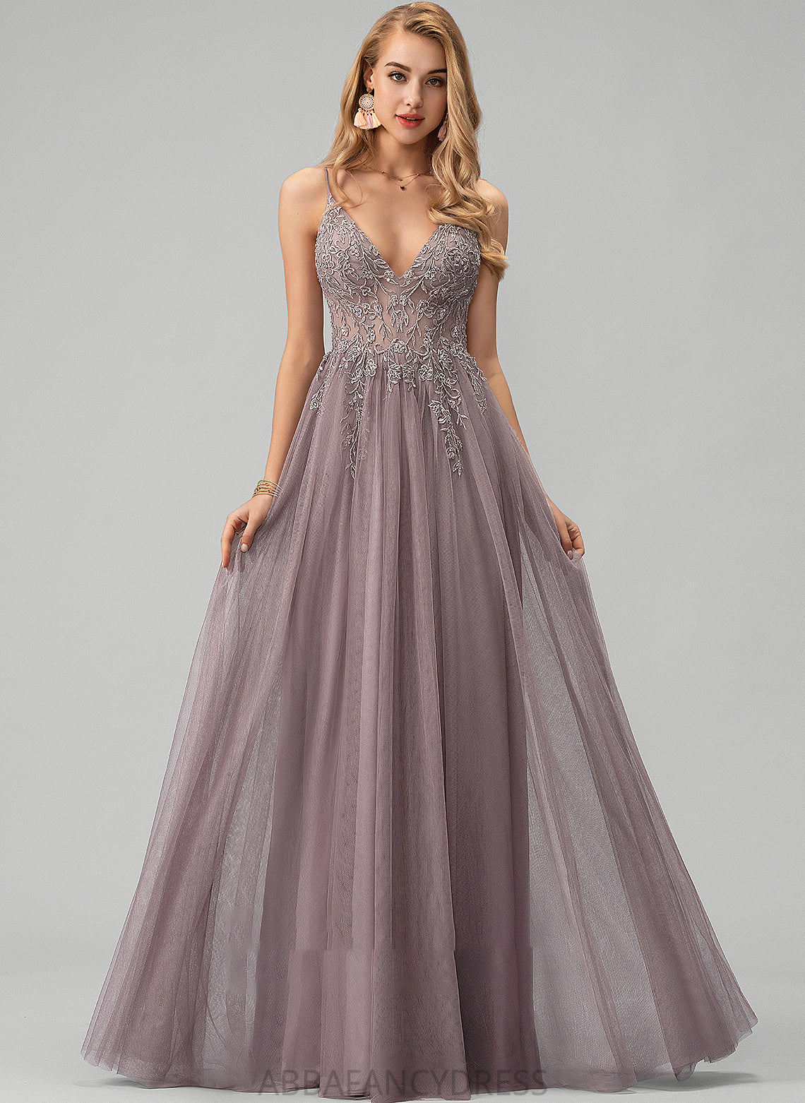 V-neck Lace Ball-Gown/Princess Floor-Length Sequins Janet Beading Prom Dresses Front With Split Tulle