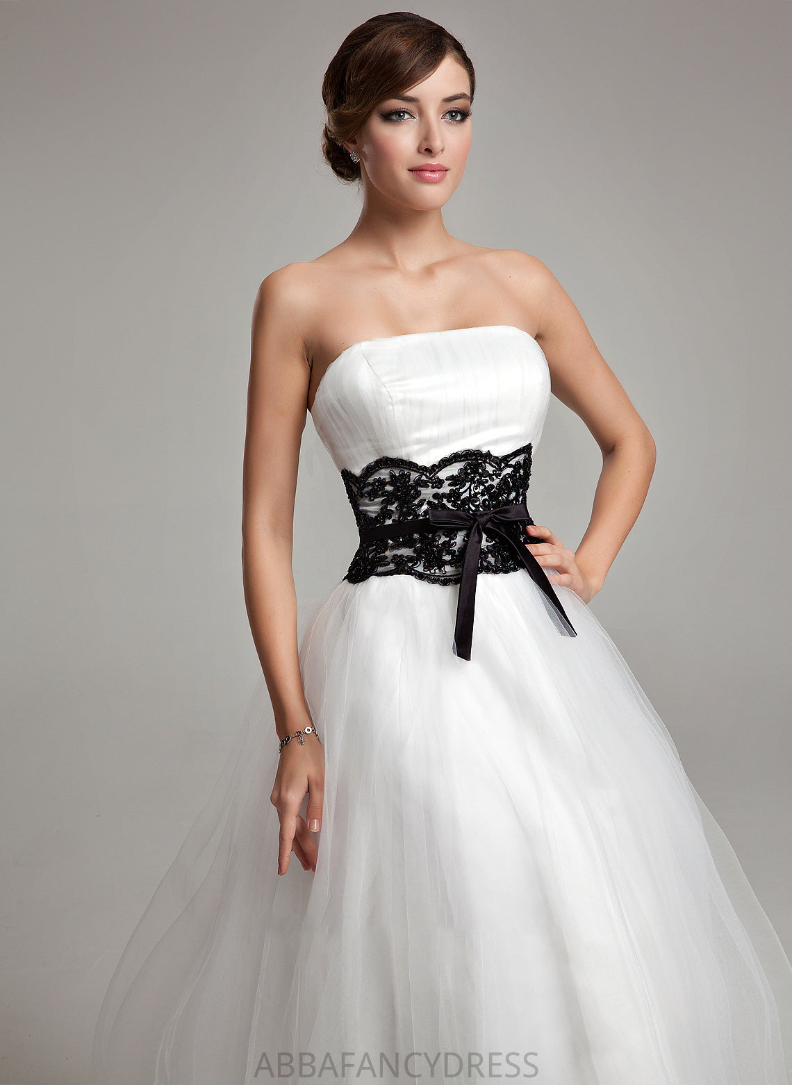 Bow(s) With Lace Ball-Gown/Princess Tulle Tea-Length Dress Wedding Dresses Sash Wedding Kenley Strapless Beading