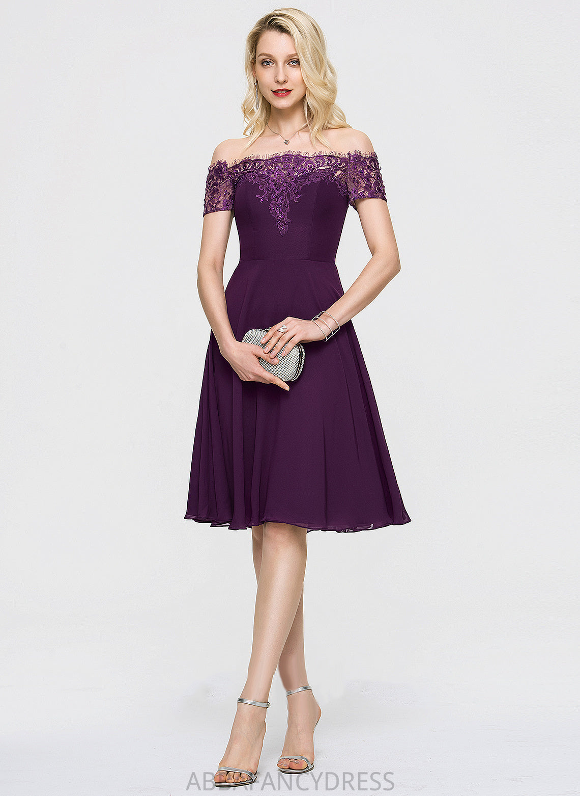 Clara Chiffon Homecoming Beading With A-Line Dress Knee-Length Lace Off-the-Shoulder Homecoming Dresses