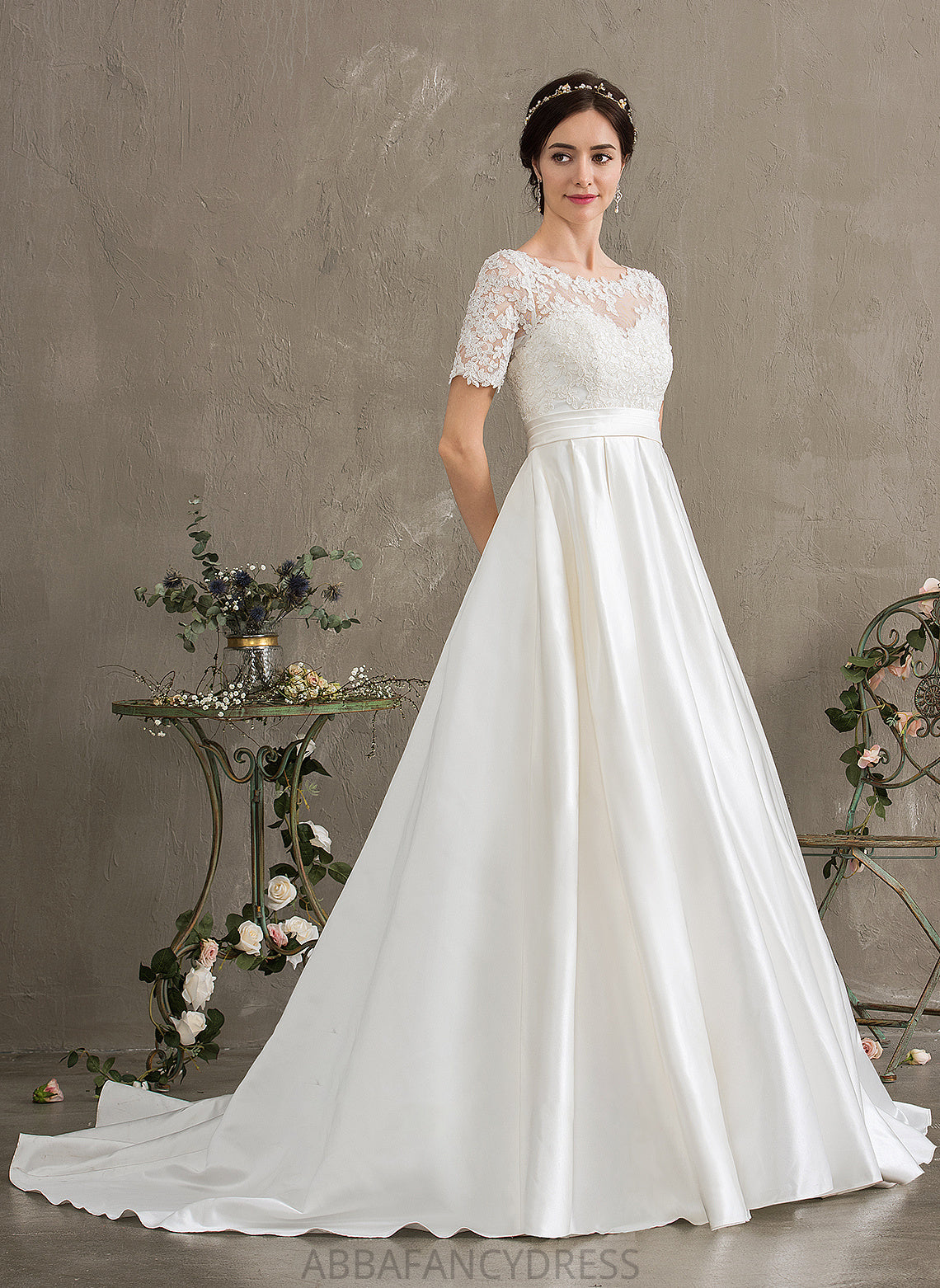 Ball-Gown/Princess With Scoop Miriam Train Wedding Dresses Neck Sequins Pockets Beading Wedding Satin Court Dress