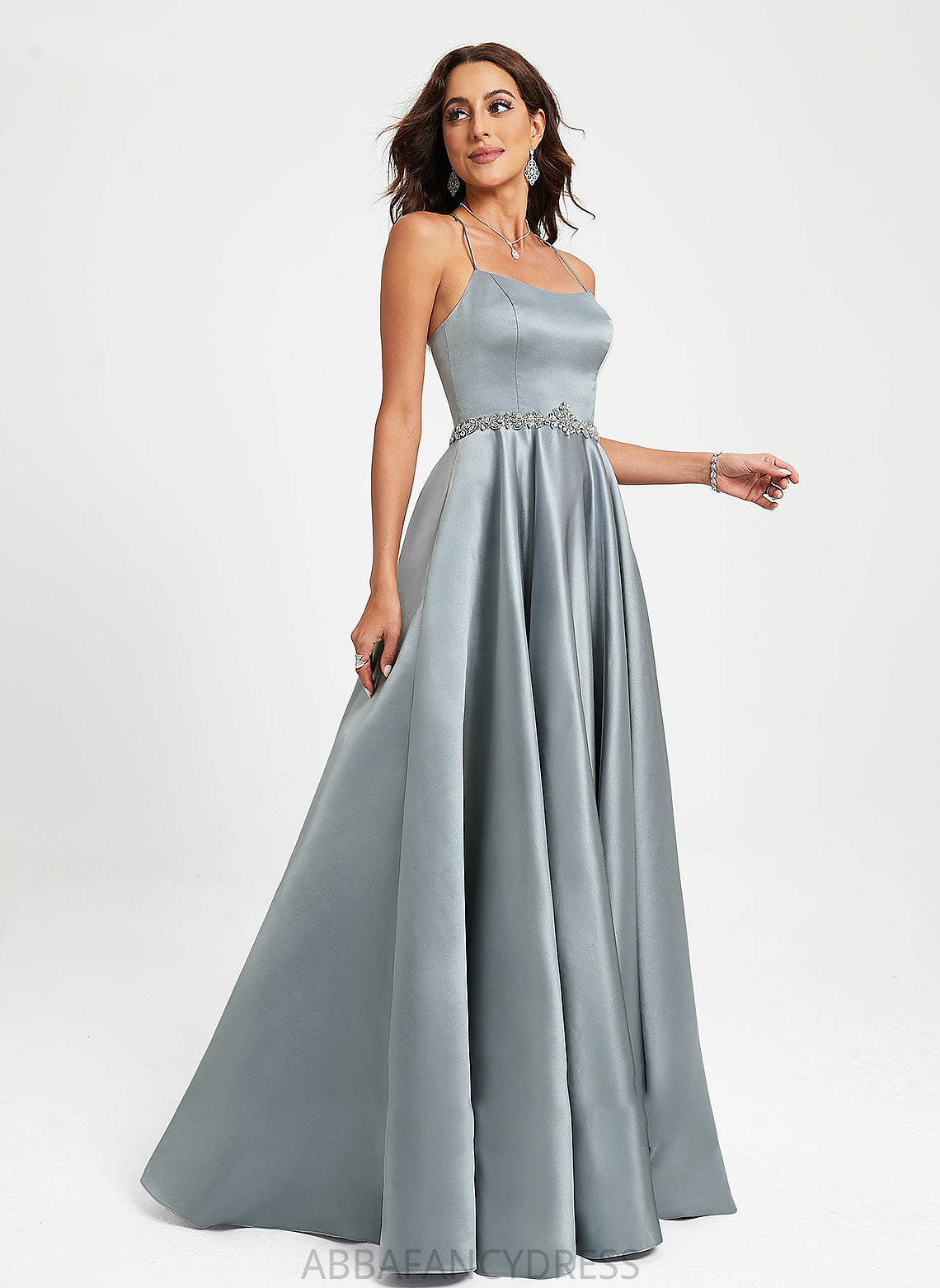 With A-Line Satin Scoop Beading Neck Floor-Length Prom Dresses Carlie