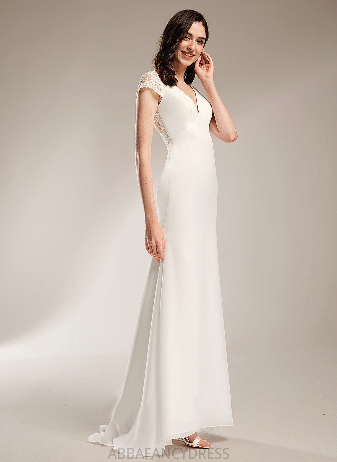 Wedding Dresses Train Dress Sheath/Column Wedding Magdalena Lace With V-neck Sweep Chiffon