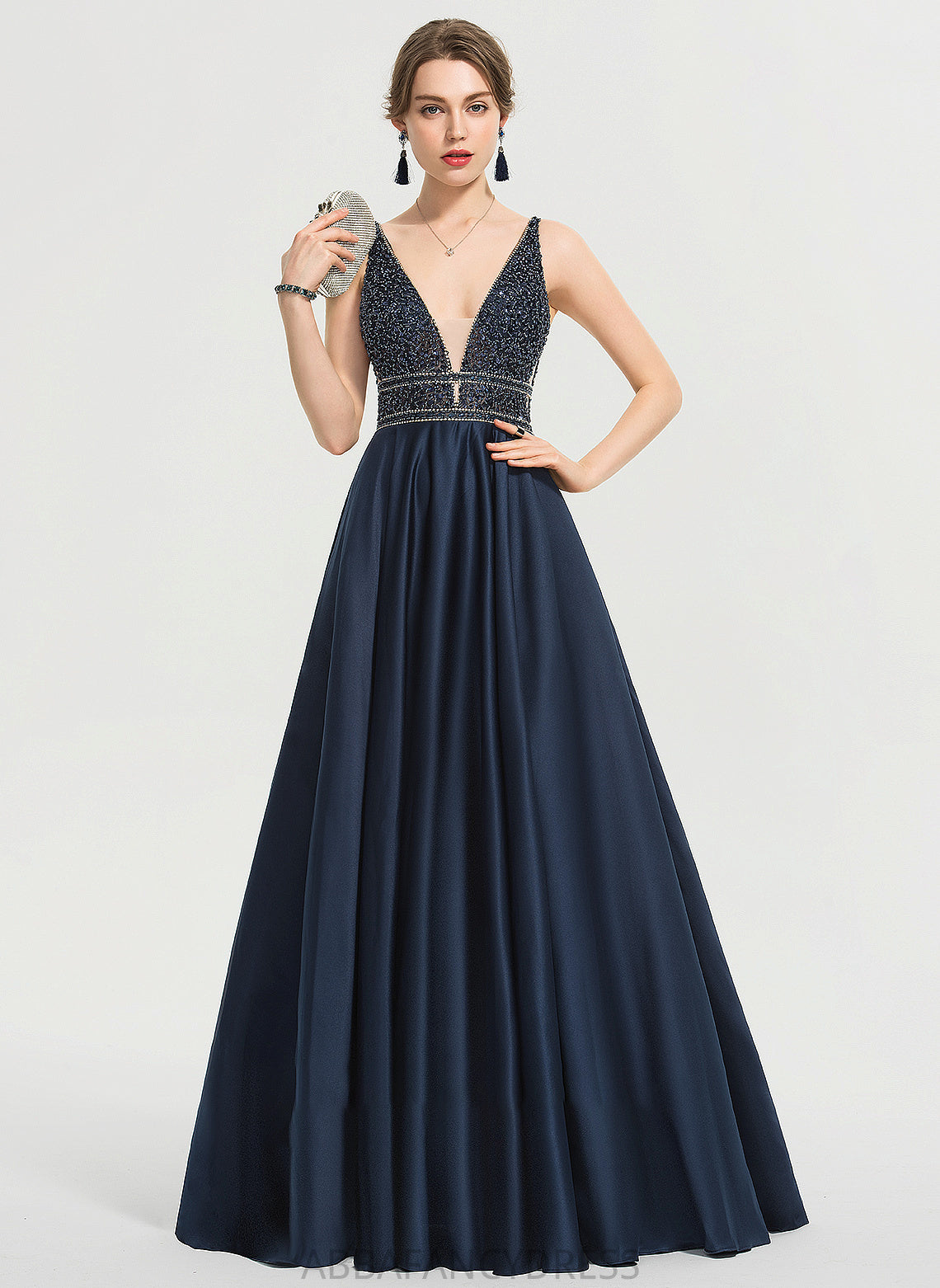 With Satin Beading V-neck Ball-Gown/Princess Lorelai Floor-Length Sequins Prom Dresses