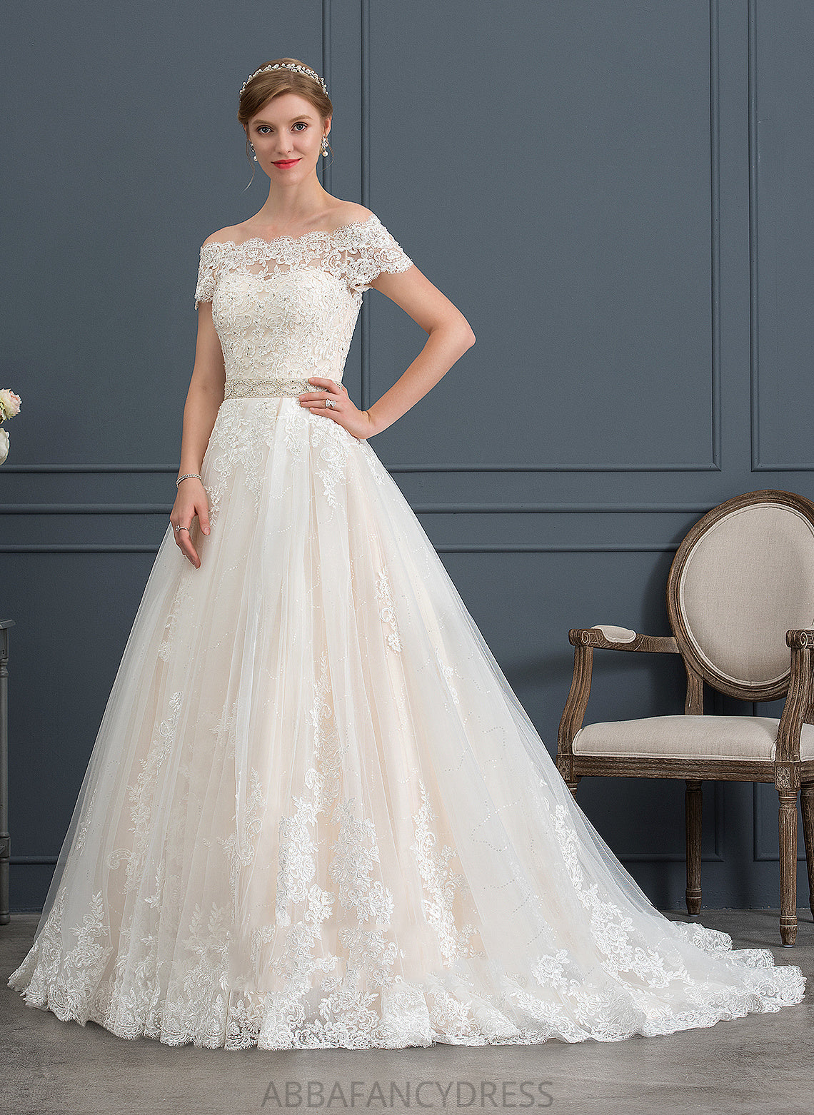 Wedding Dresses Heidi Lace Off-the-Shoulder Dress Beading Train With Sequins Wedding Ball-Gown/Princess Tulle Court