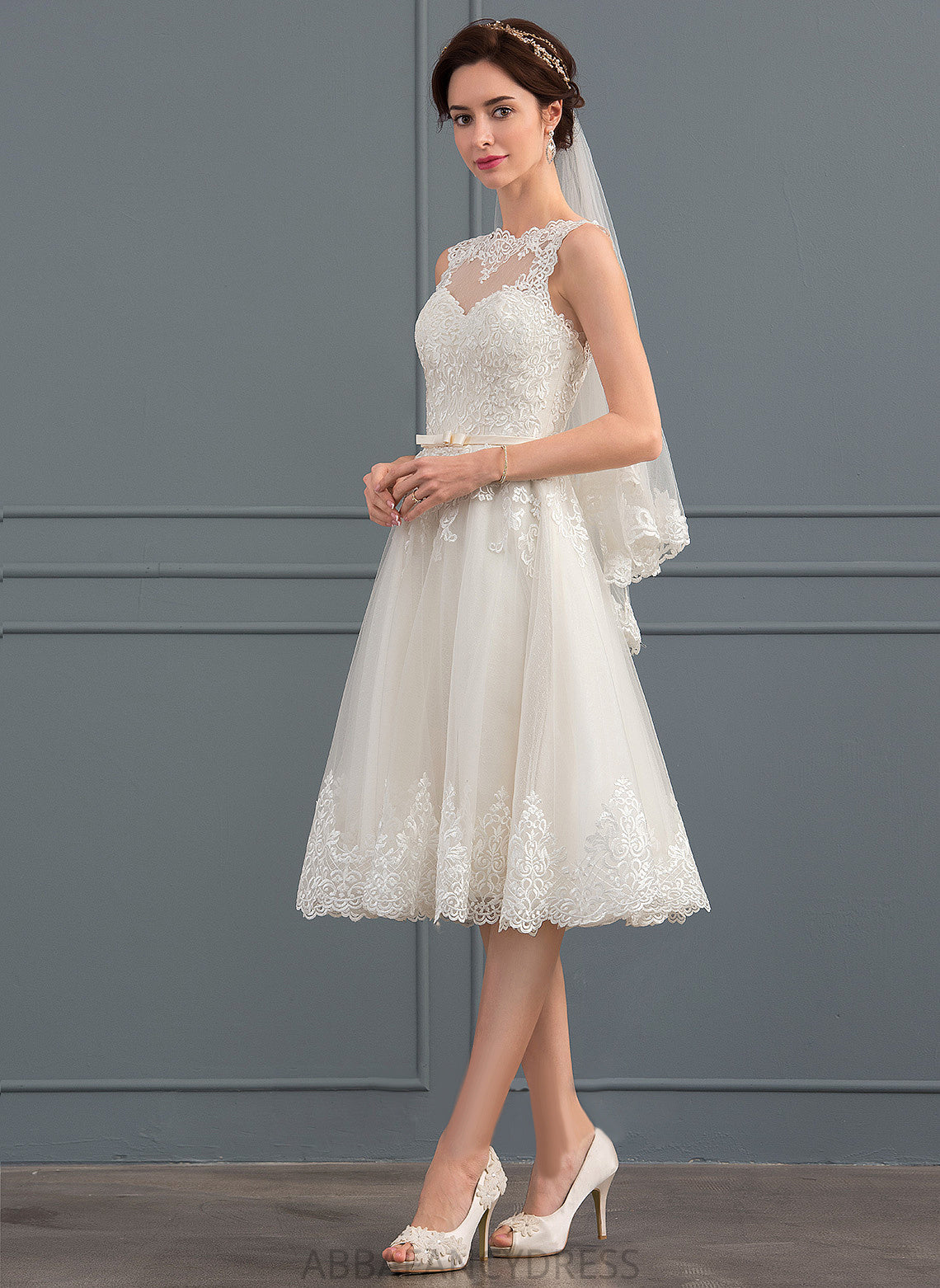 Helena A-Line Wedding Dresses Tulle Wedding Illusion With Dress Satin Bow(s) Knee-Length Lace