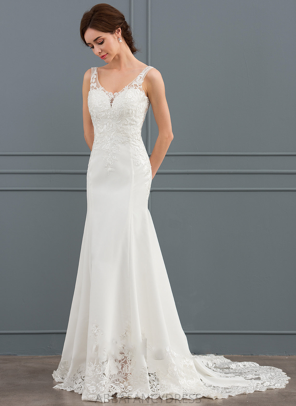 Stretch Trumpet/Mermaid Crepe Wedding Train Alexus With Court Dress Lace V-neck Sequins Wedding Dresses