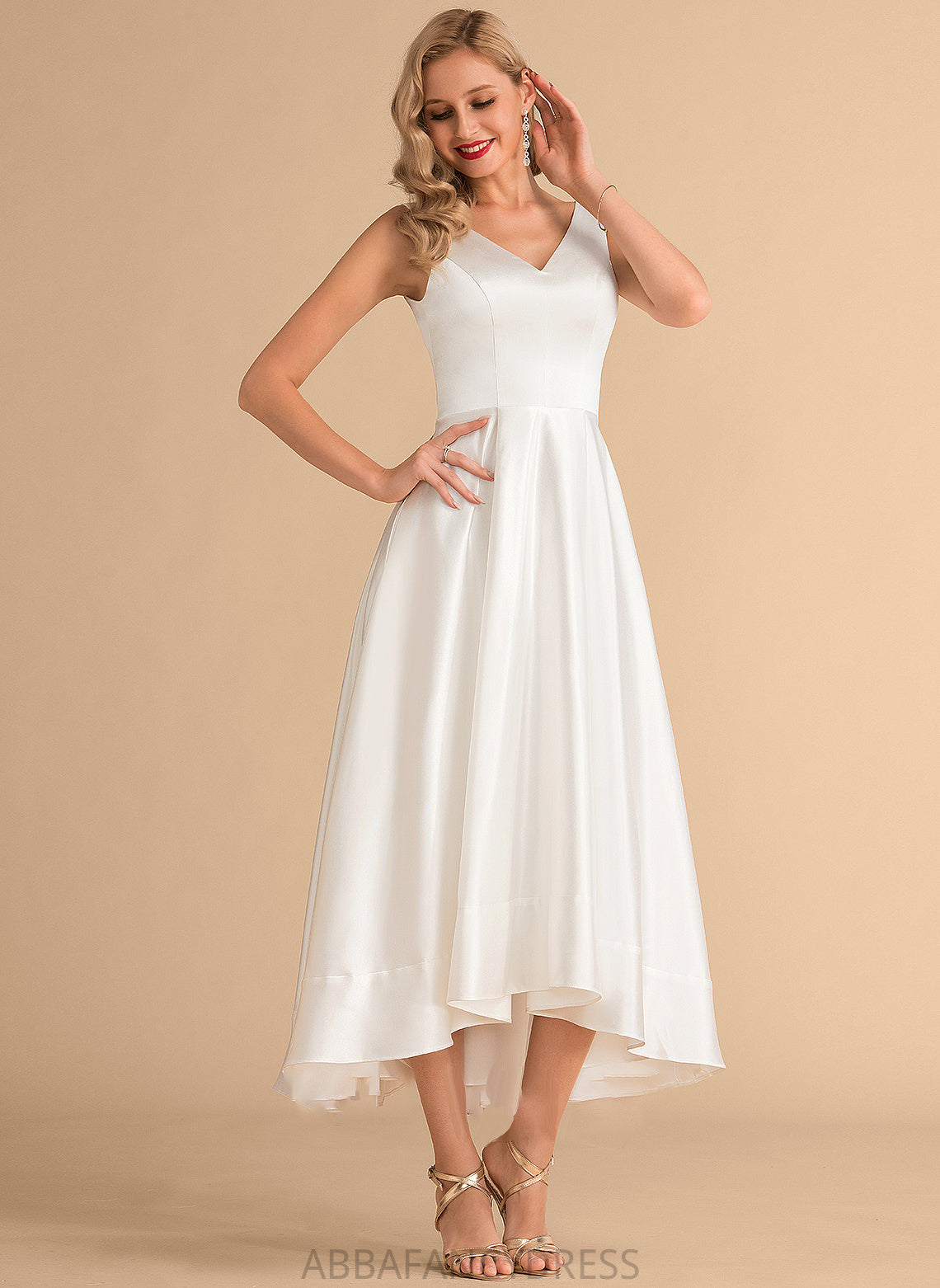 A-Line Abbie Wedding Satin Wedding Dresses V-neck Dress Asymmetrical