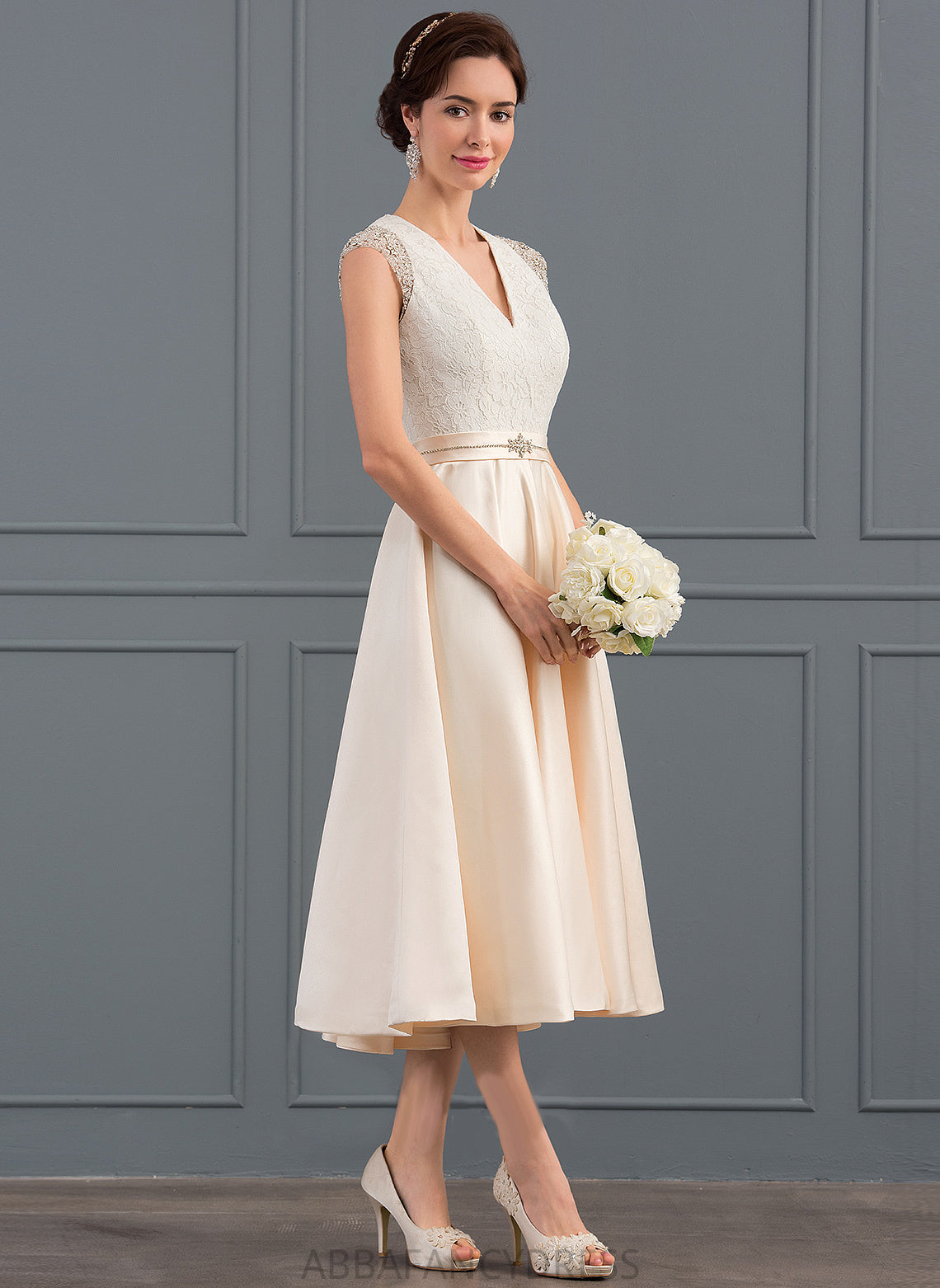 Satin Sequins With Tea-Length Maliyah Lace Wedding Beading Dress V-neck A-Line Wedding Dresses