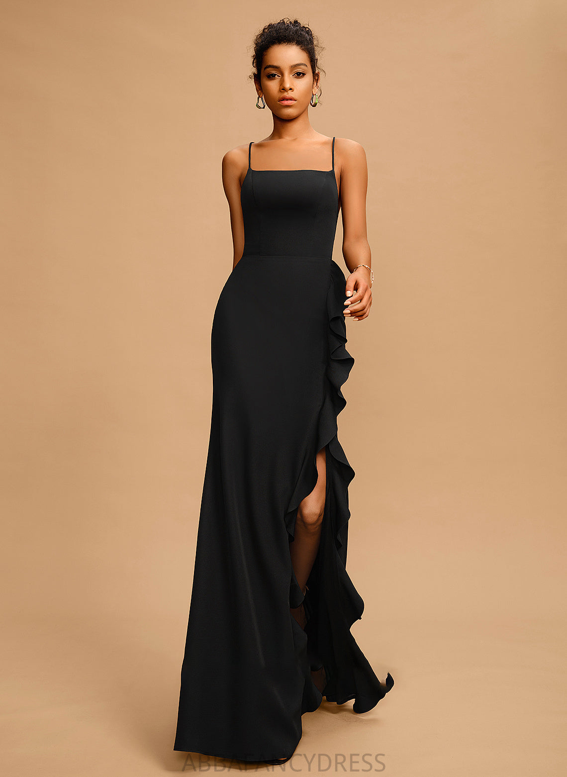 Neckline With Stretch Crepe Prom Dresses Sheath/Column Ruffle Joselyn Floor-Length Square