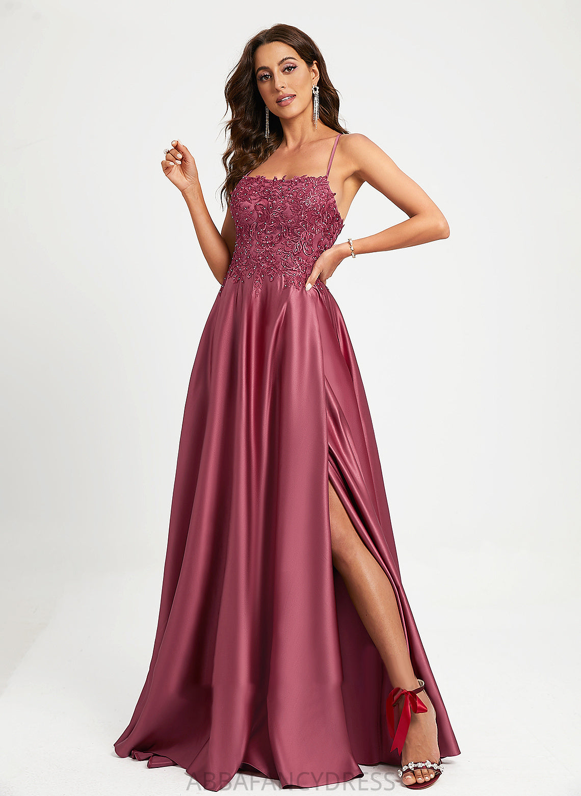 Prom Dresses A-Line Train Sweep With Beading Sequins Square Neckline Leyla Satin