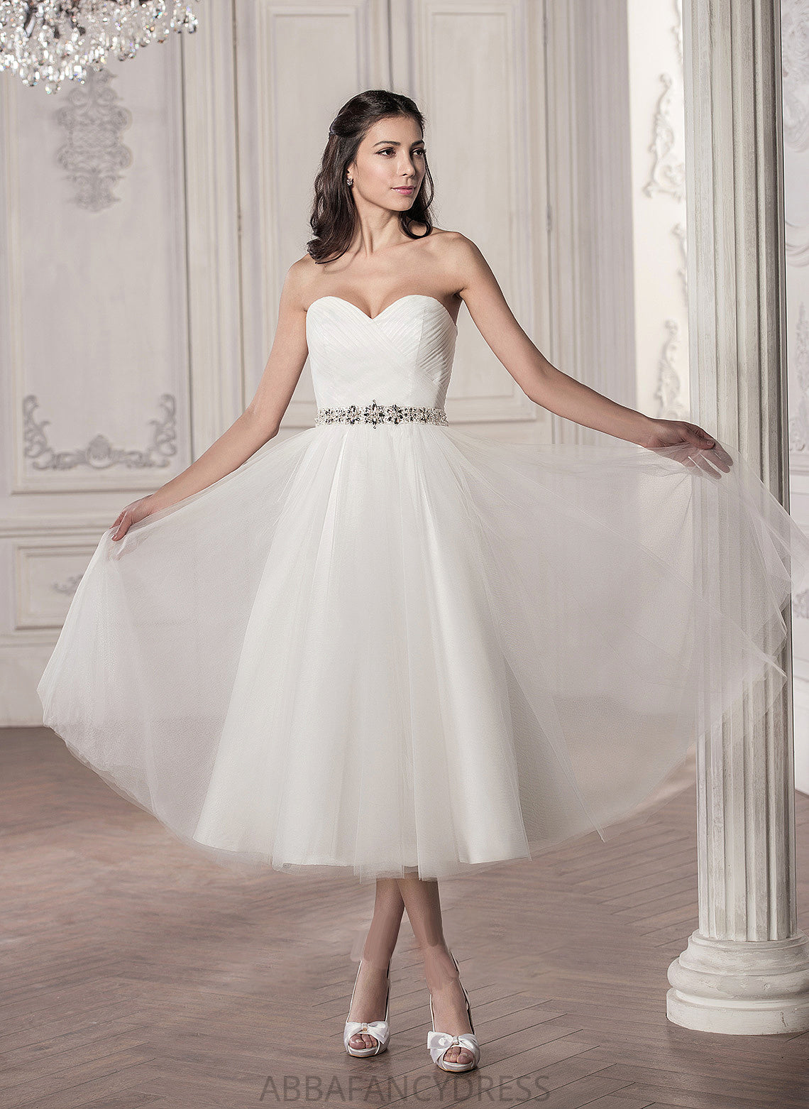 Ruffle Sequins Tea-Length Wedding With Dress Sweetheart Heather A-Line Tulle Wedding Dresses Beading