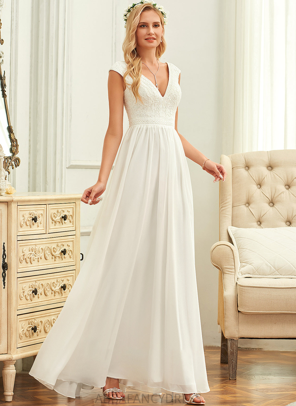 Floor-Length A-Line Wedding Dresses Lace Chiffon V-neck Esmeralda Dress Wedding