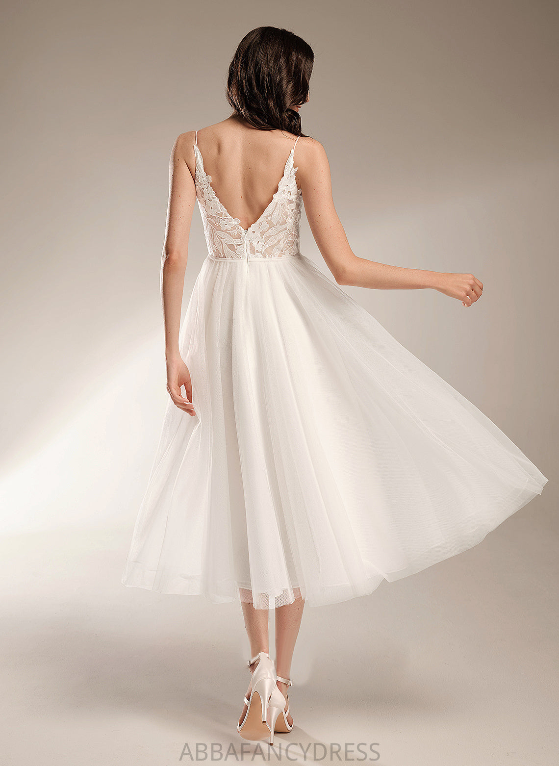 Lace A-Line Dress Tulle Tea-Length V-neck Kaylie Wedding Dresses Wedding