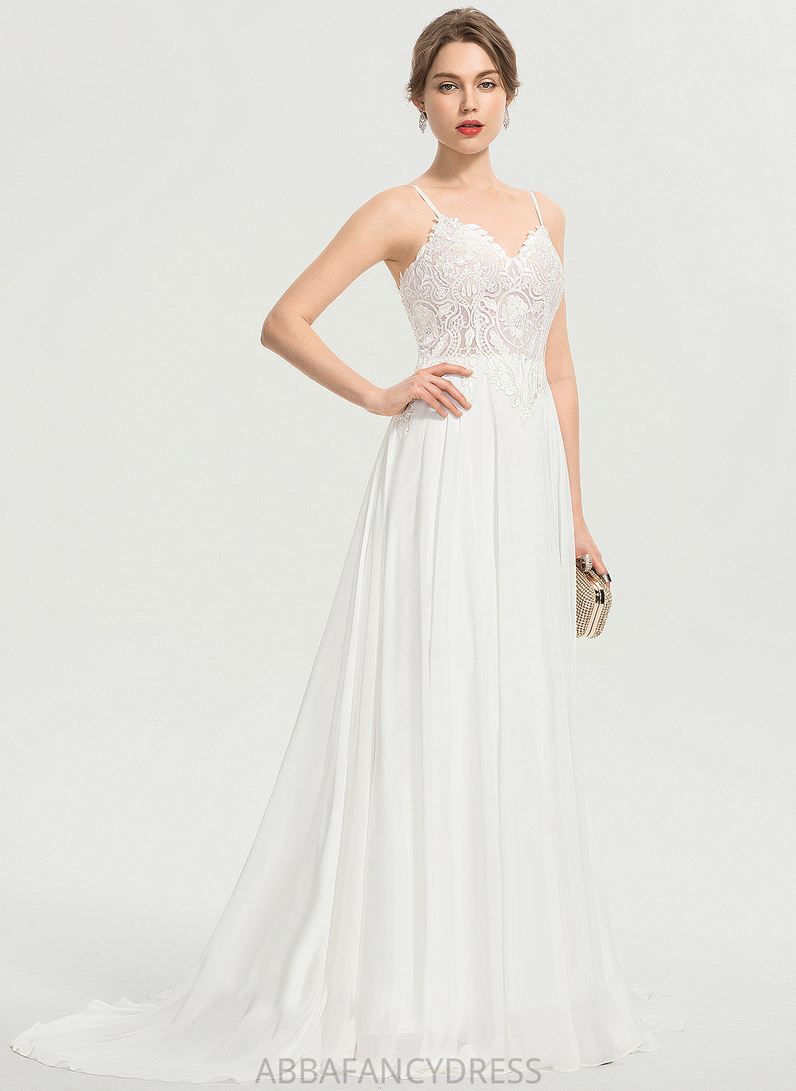 Train V-neck Wedding With Chiffon Front Split Felicity Wedding Dresses Sweep Dress Lace A-Line