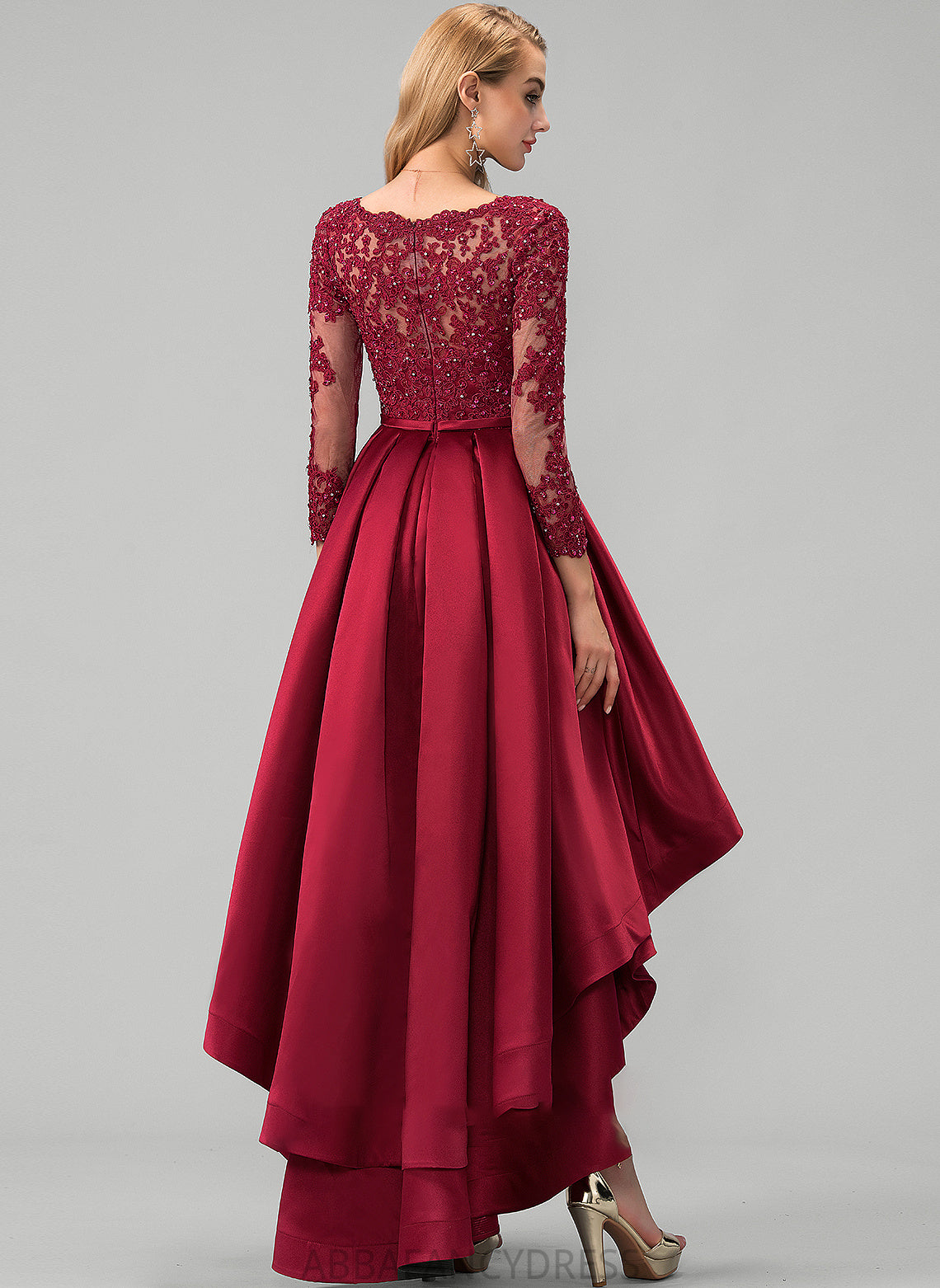 Lace Sequins Satin Harper Ball-Gown/Princess Prom Dresses Beading V-neck With Asymmetrical