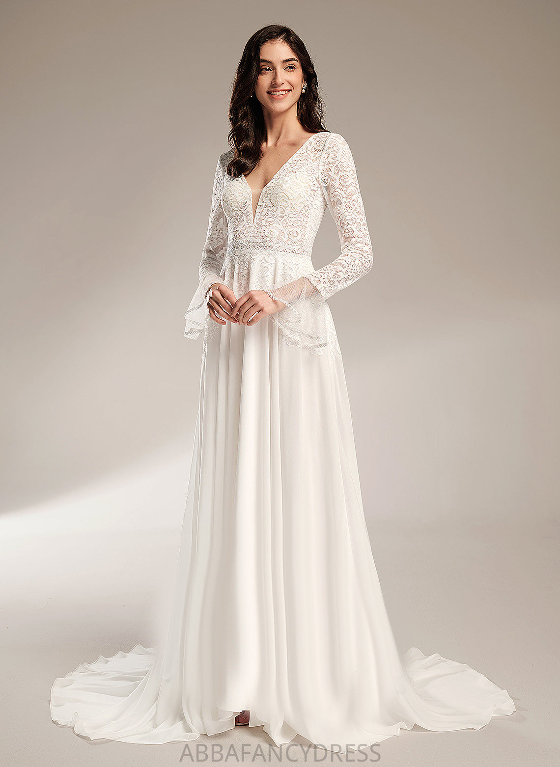 Wedding With Dress Train Wedding Dresses Lace V-neck A-Line Ruffle Court Zariah Chiffon