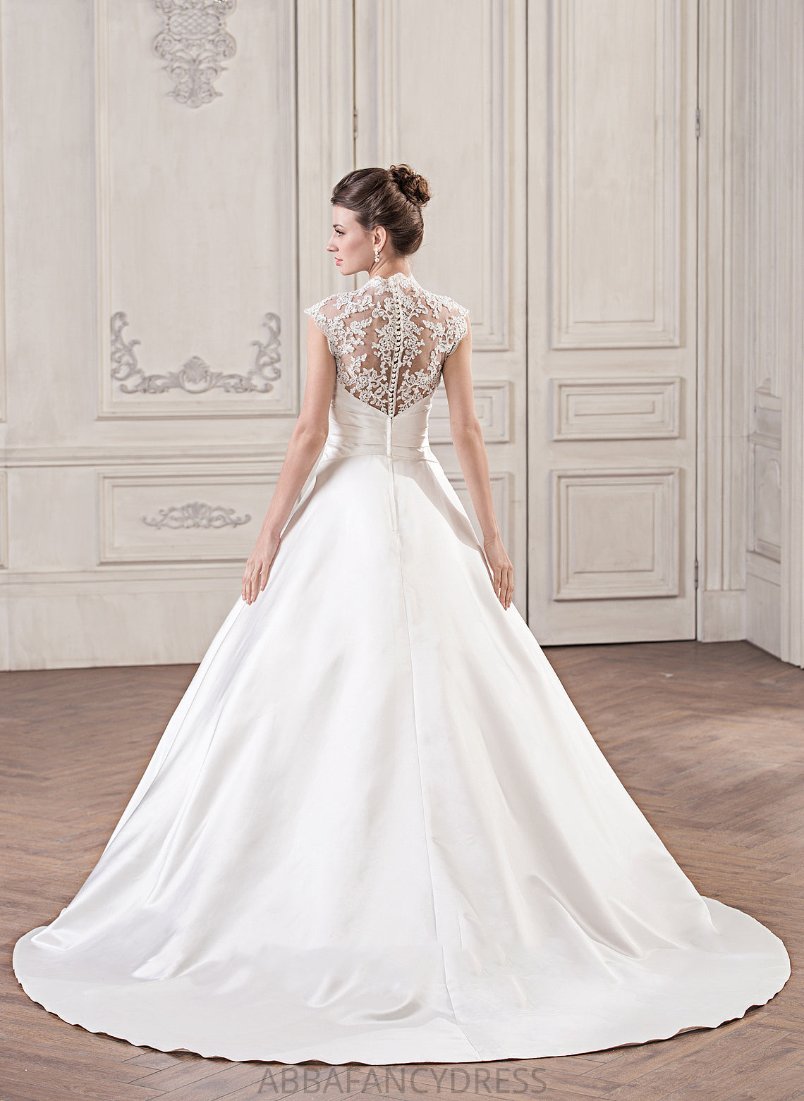 Train Wedding Satin With Lace Ball-Gown/Princess Elisabeth Dress V-neck Ruffle Court Wedding Dresses