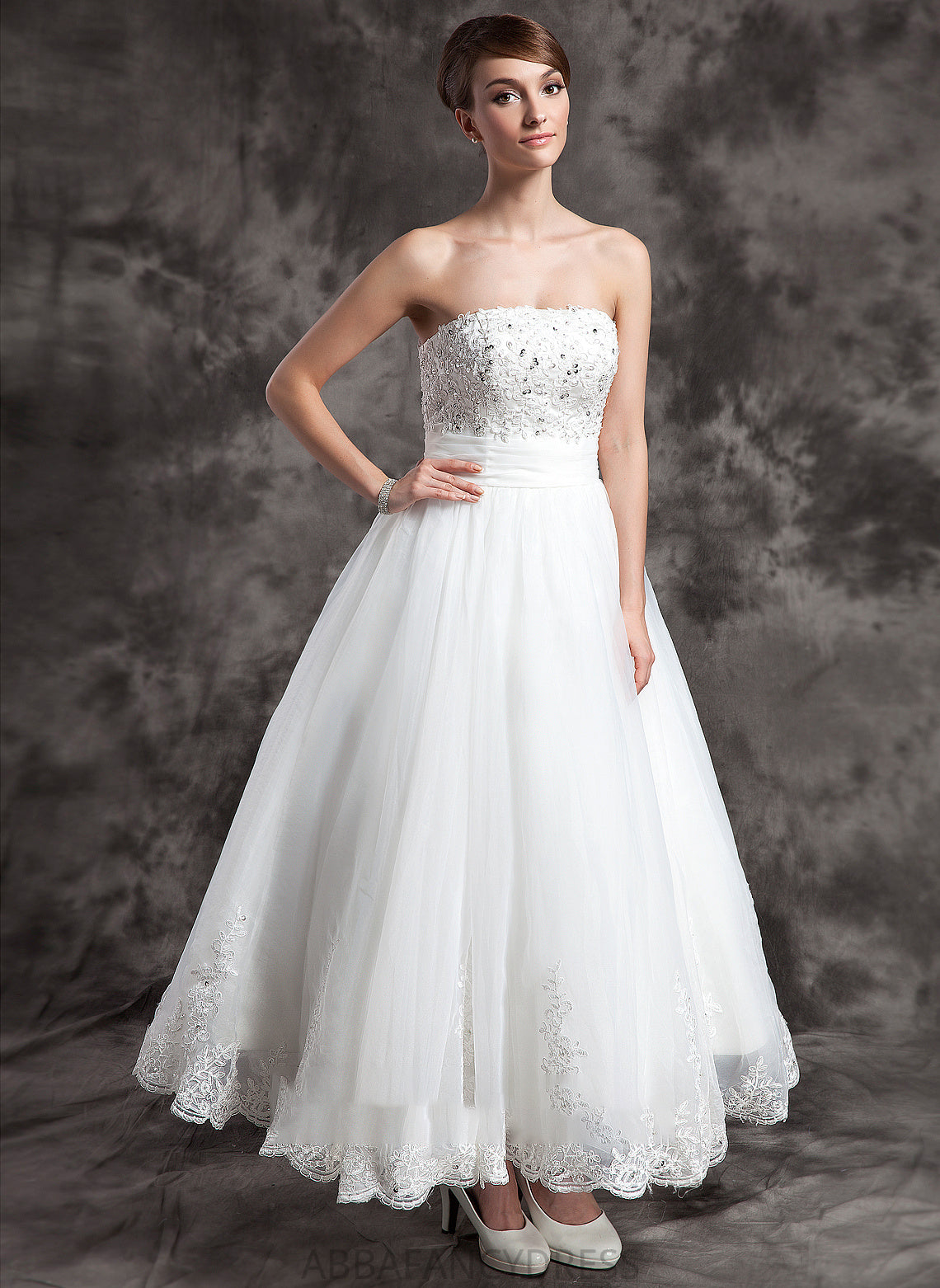 Wedding Beading With Ball-Gown/Princess Strapless Dress Larissa Ankle-Length Wedding Dresses Satin Organza Lace