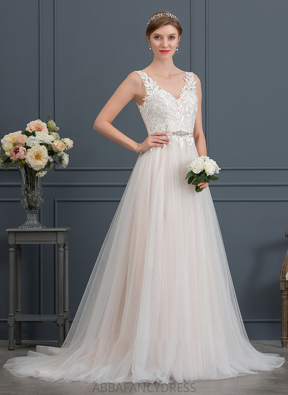 Emily Wedding With Beading V-neck Court Wedding Dresses Tulle Train A-Line Dress