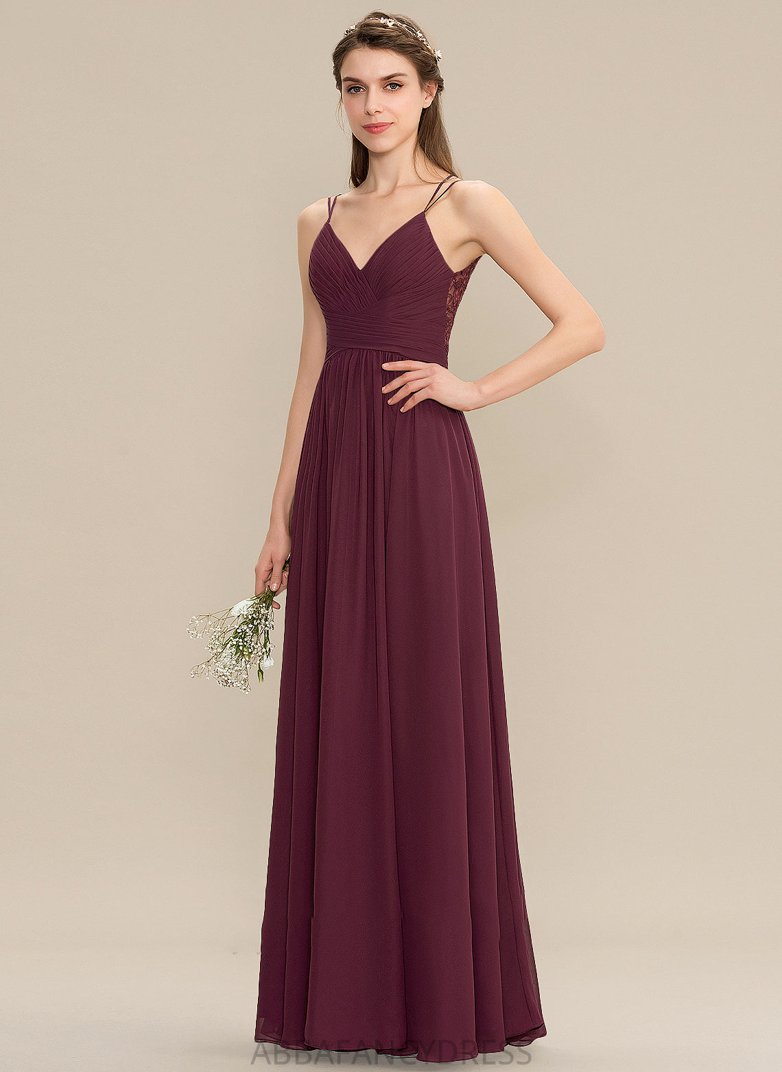 Ruffle A-Line Floor-Length Halle Chiffon Prom Dresses With V-neck Lace