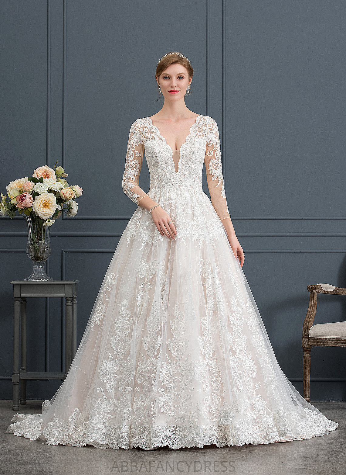 Ball-Gown/Princess Lace Kayden Wedding V-neck Dress Tulle Wedding Dresses