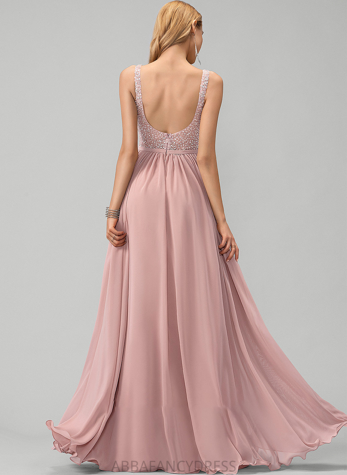 Front A-Line Beading With Floor-Length Prom Dresses Chiffon Split V-neck Jaylene Sequins