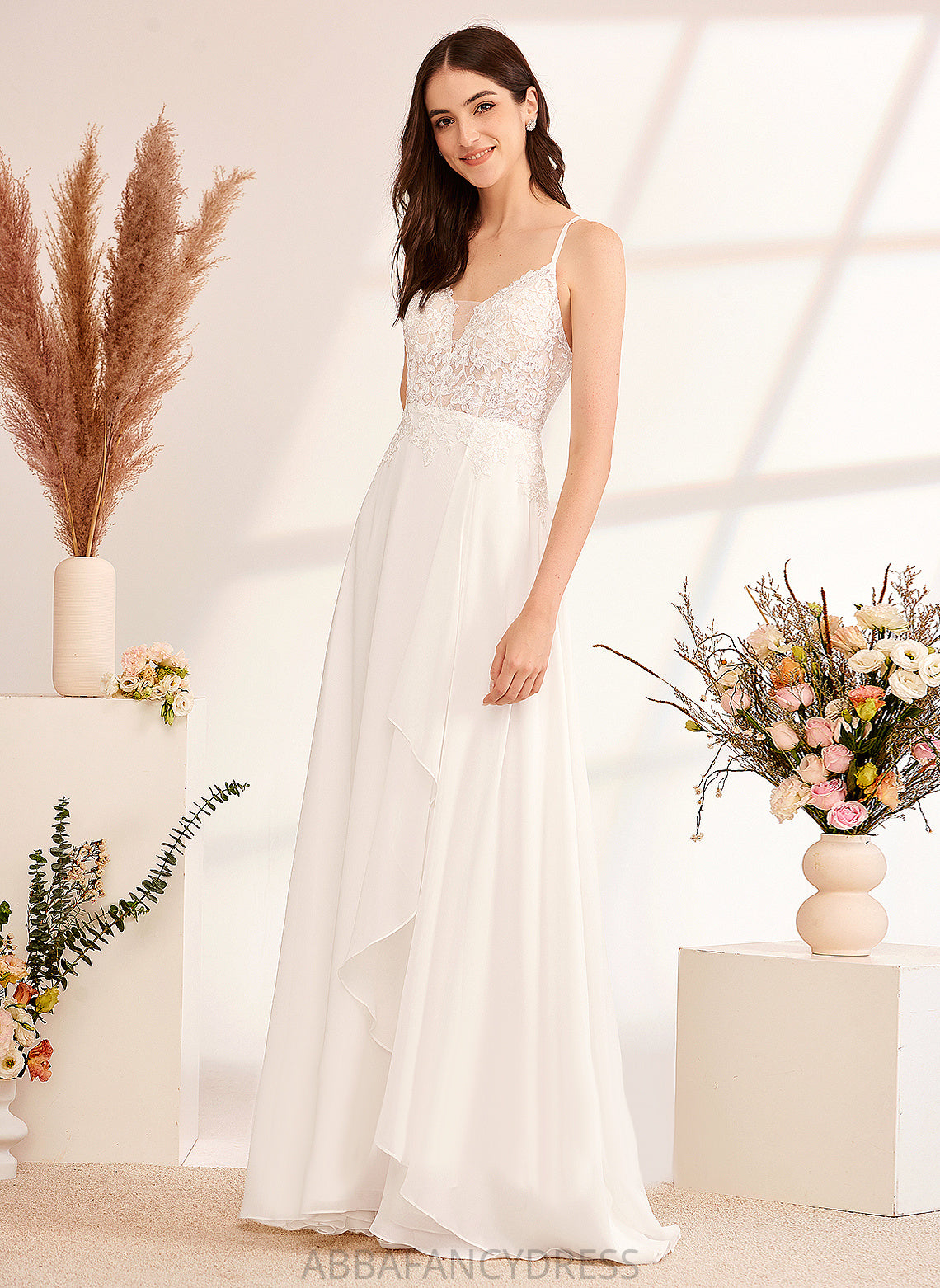 Adelyn Wedding Dress V-neck Lace Wedding Dresses Sequins Floor-Length With A-Line Chiffon