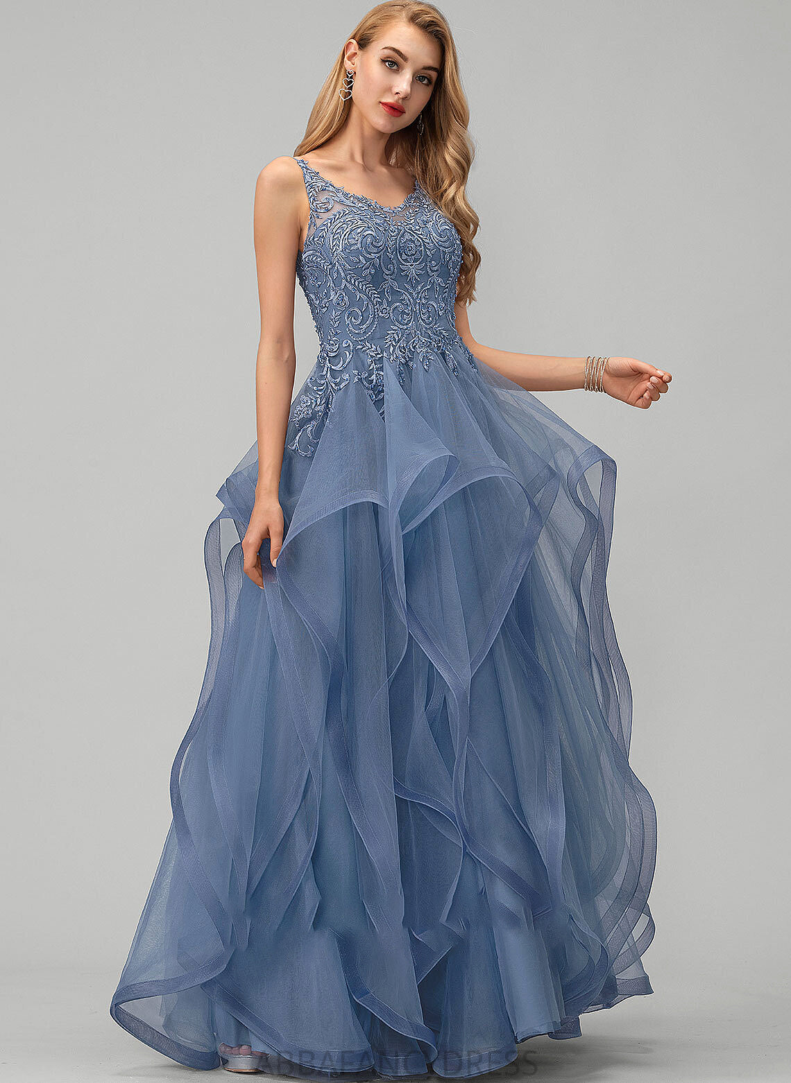 Beading Sequins Elliana Lace V-neck Prom Dresses Tulle With Ball-Gown/Princess Floor-Length