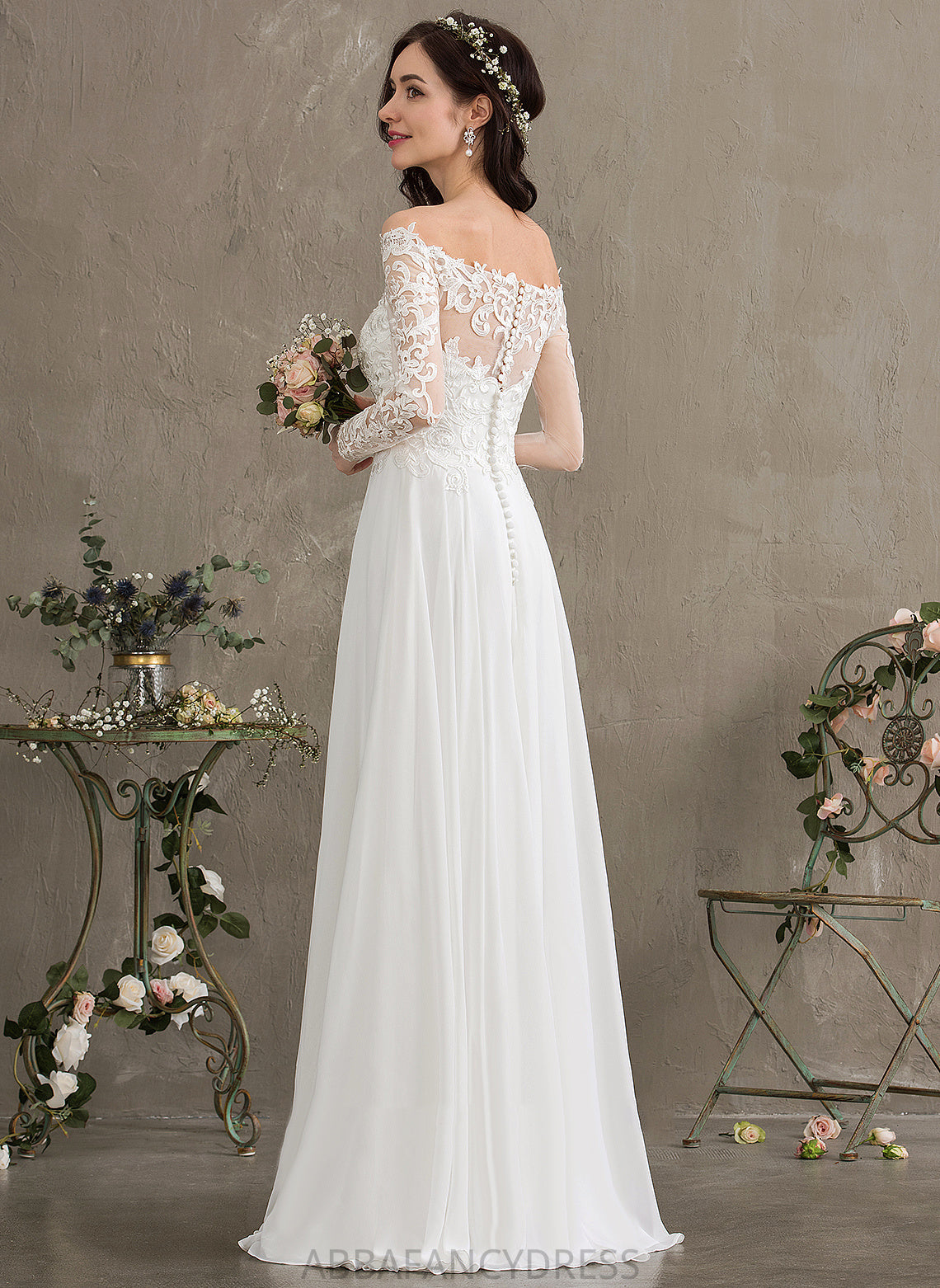 Chiffon Lace Lace Dress Wedding Dresses A-Line Wedding Off-the-Shoulder Guadalupe Floor-Length With