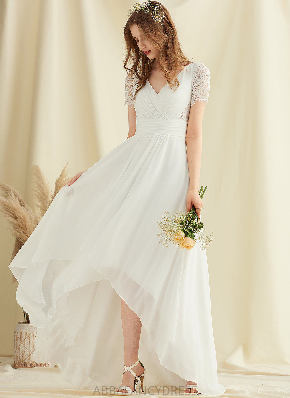 A-Line Lace Chiffon Asymmetrical Dress Wedding Dresses V-neck Justine Wedding