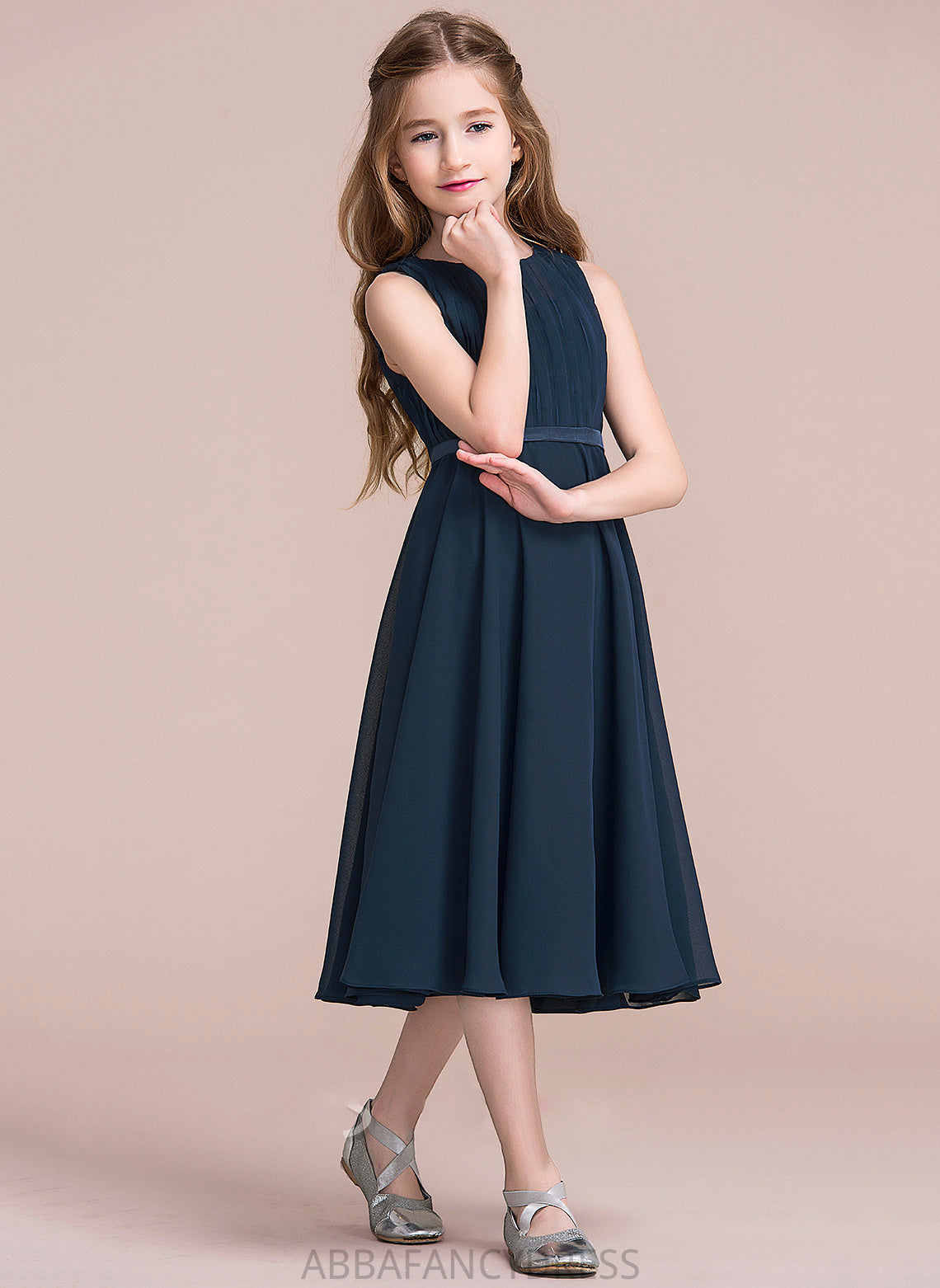 With Alanna Tea-Length Neck A-Line Ruffle Scoop Junior Bridesmaid Dresses Chiffon