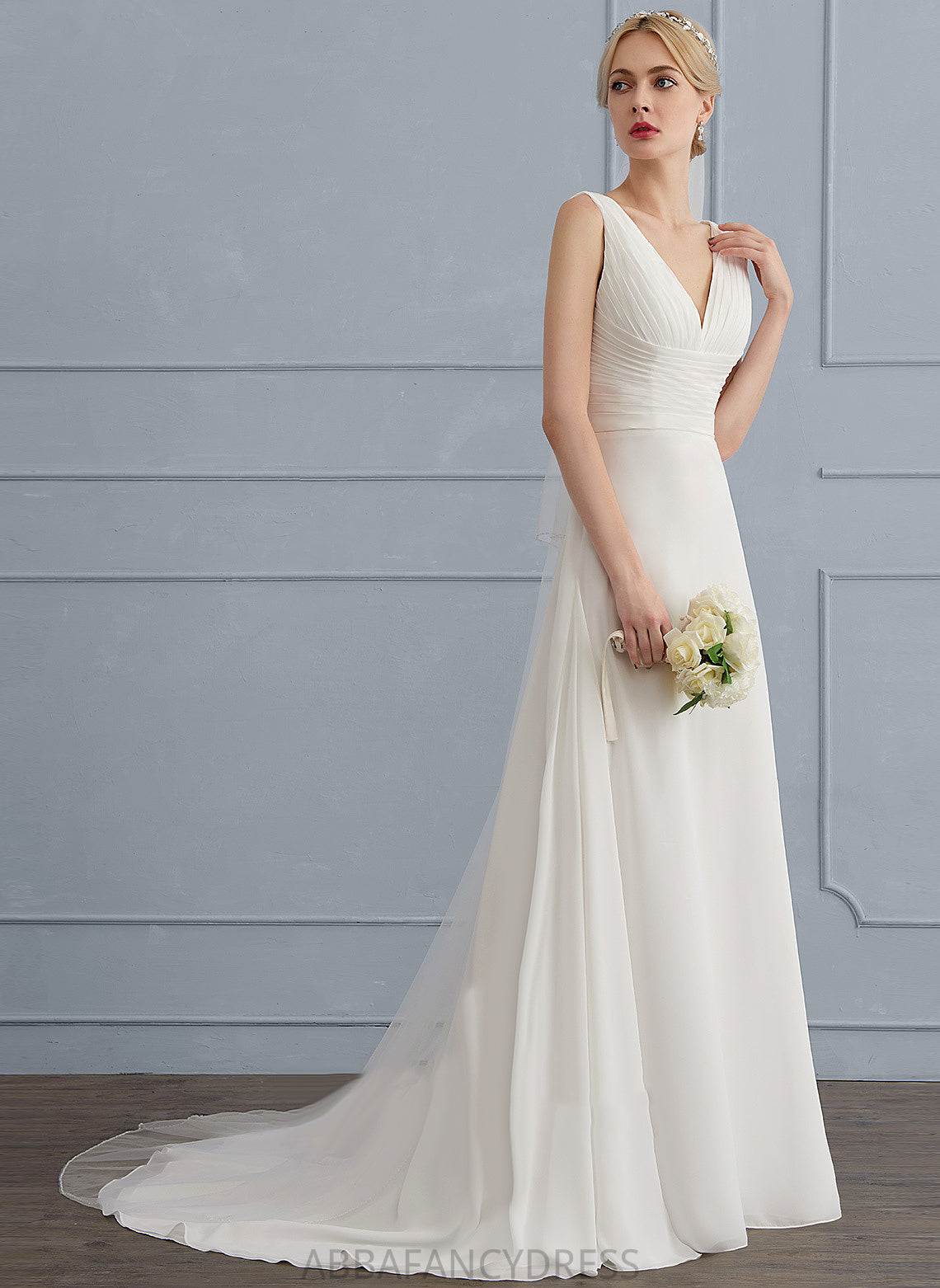 Wedding Dresses A-Line Train Lace Ruffle Dress Sweep Chiffon With V-neck Gabriella Wedding