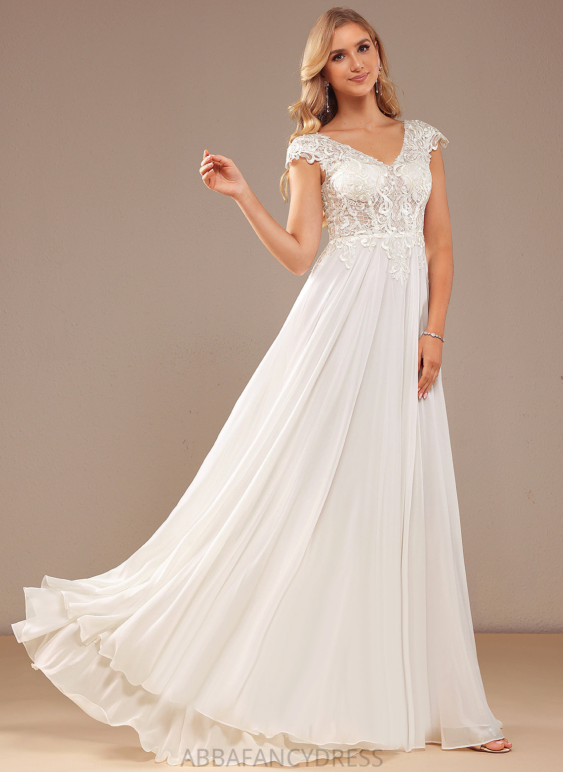 Wedding Dresses Lace Wedding Kamari With Lace V-neck Train A-Line Chiffon Dress Sweep