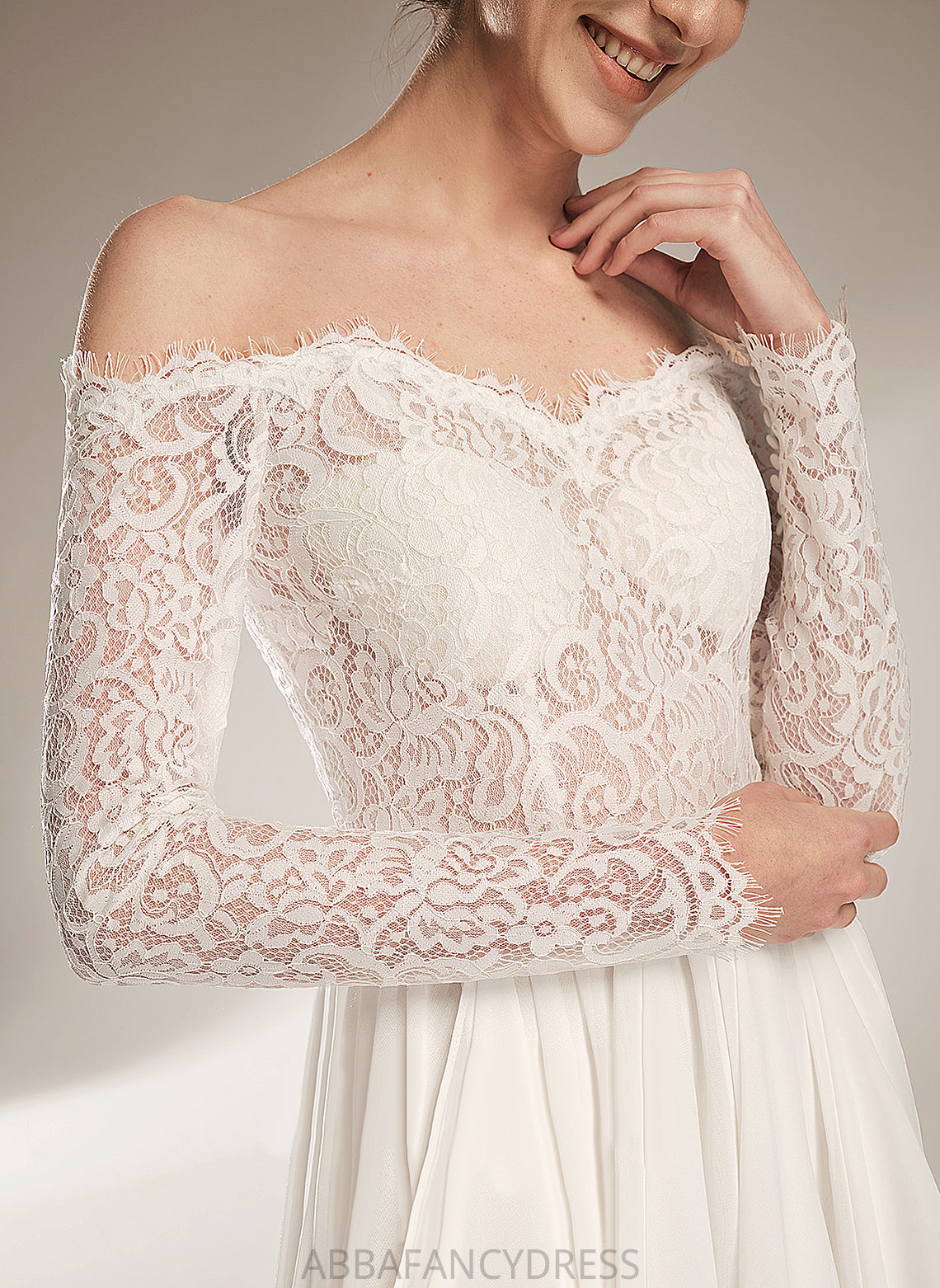 Wedding Dresses A-Line Wedding Train Chiffon Lace Nell Court Off-the-Shoulder With Dress Ruffle