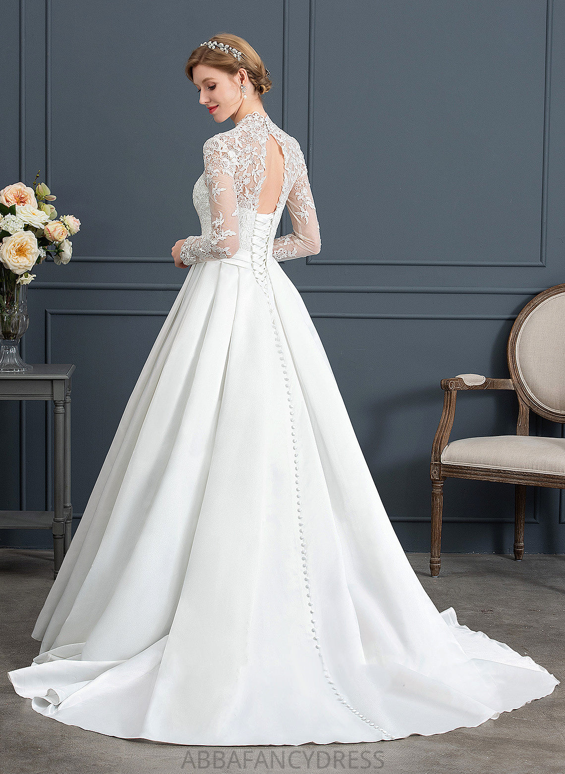 Court Marianna With Wedding Wedding Dresses Ball-Gown/Princess Train Lace V-neck Satin Bow(s) Dress