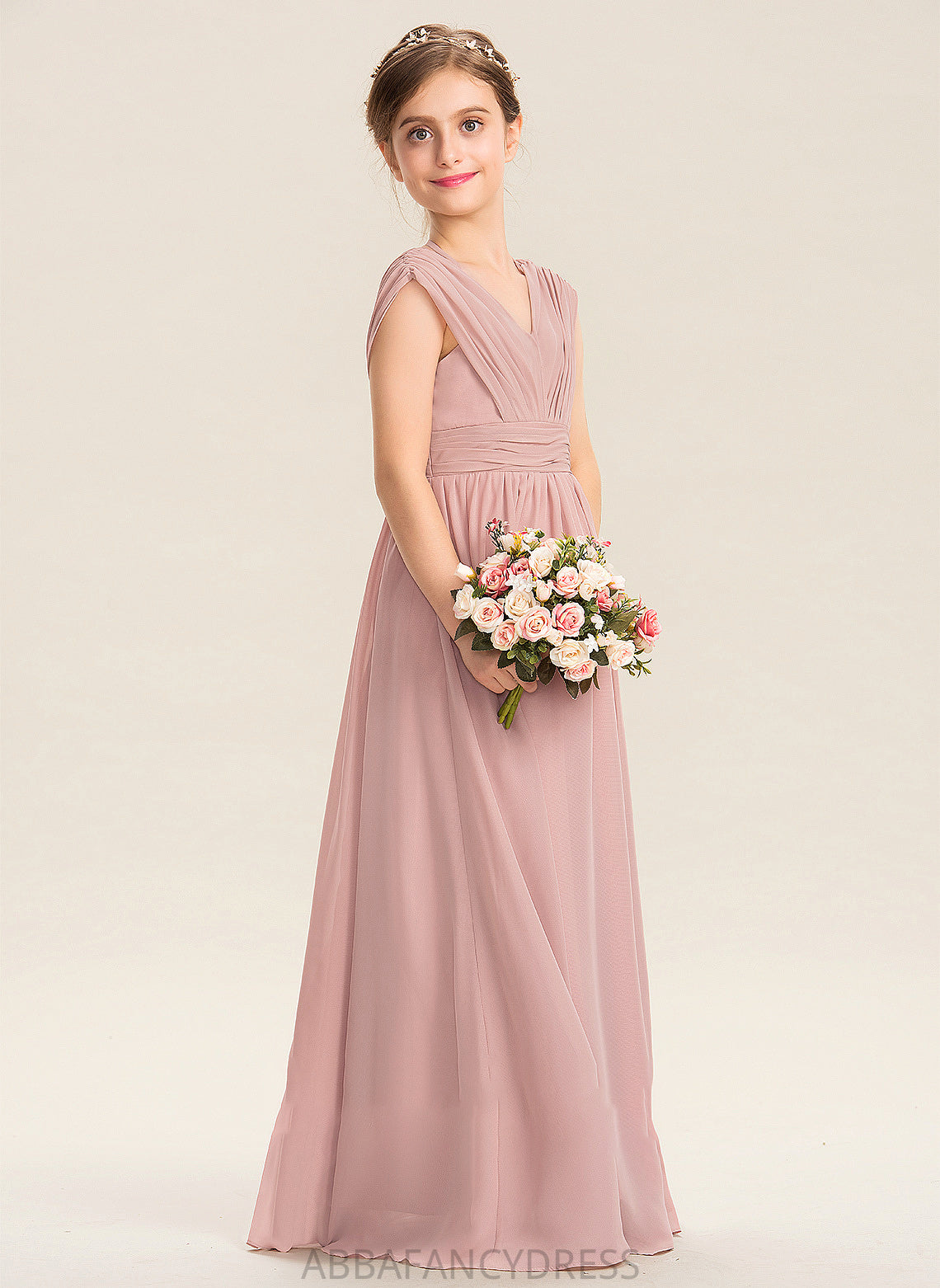 Bow(s) Chiffon With A-Line Floor-Length Ruffle V-neck Junior Bridesmaid Dresses Joanna