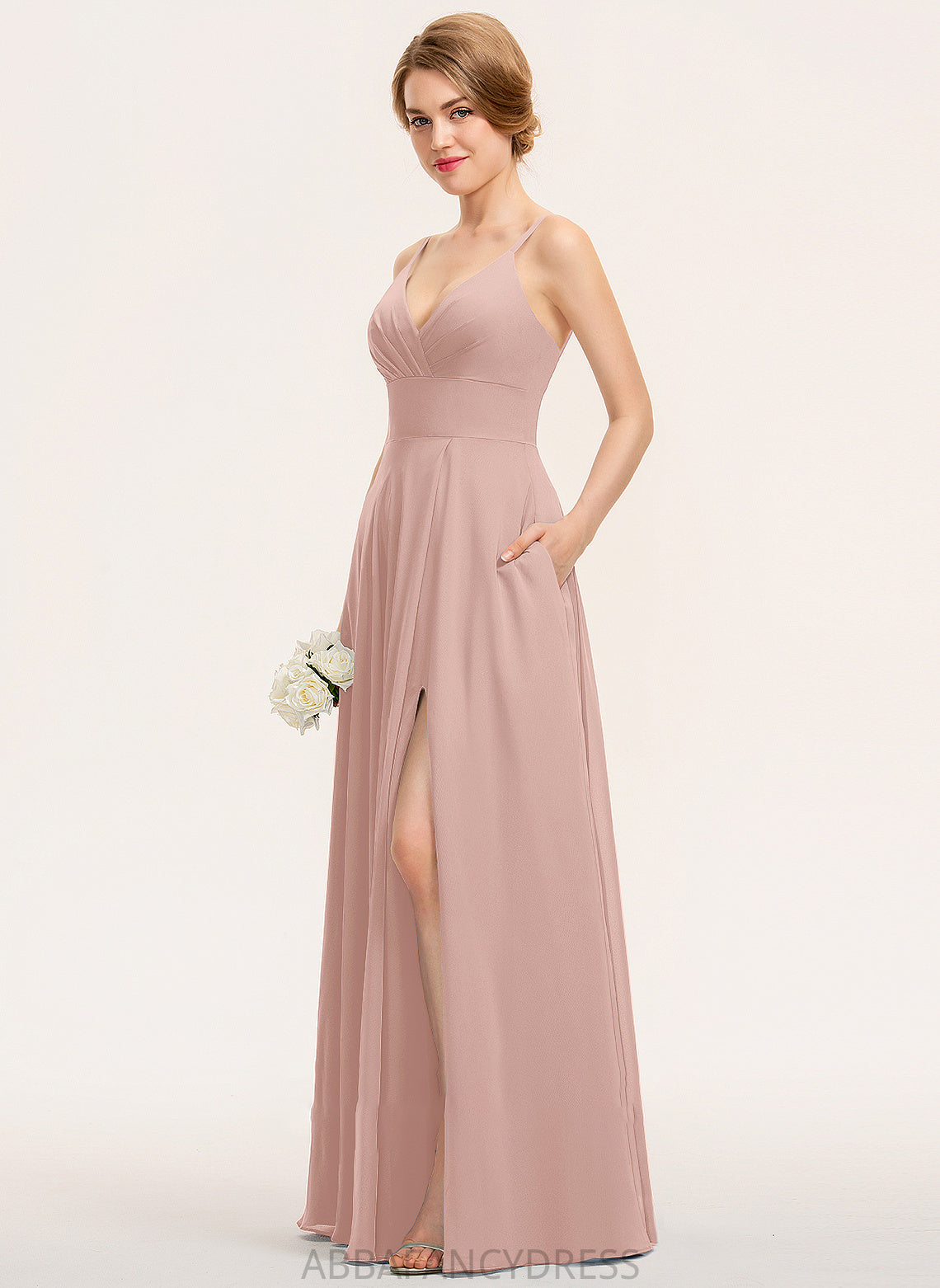 Prom Dresses Floor-Length Ruffle With A-Line V-neck Chiffon Pockets Belen