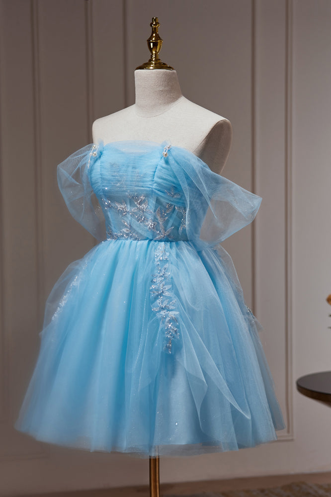 Blue Off The Shoulder Beading Appliques Tulle Short Homecoming Dresses