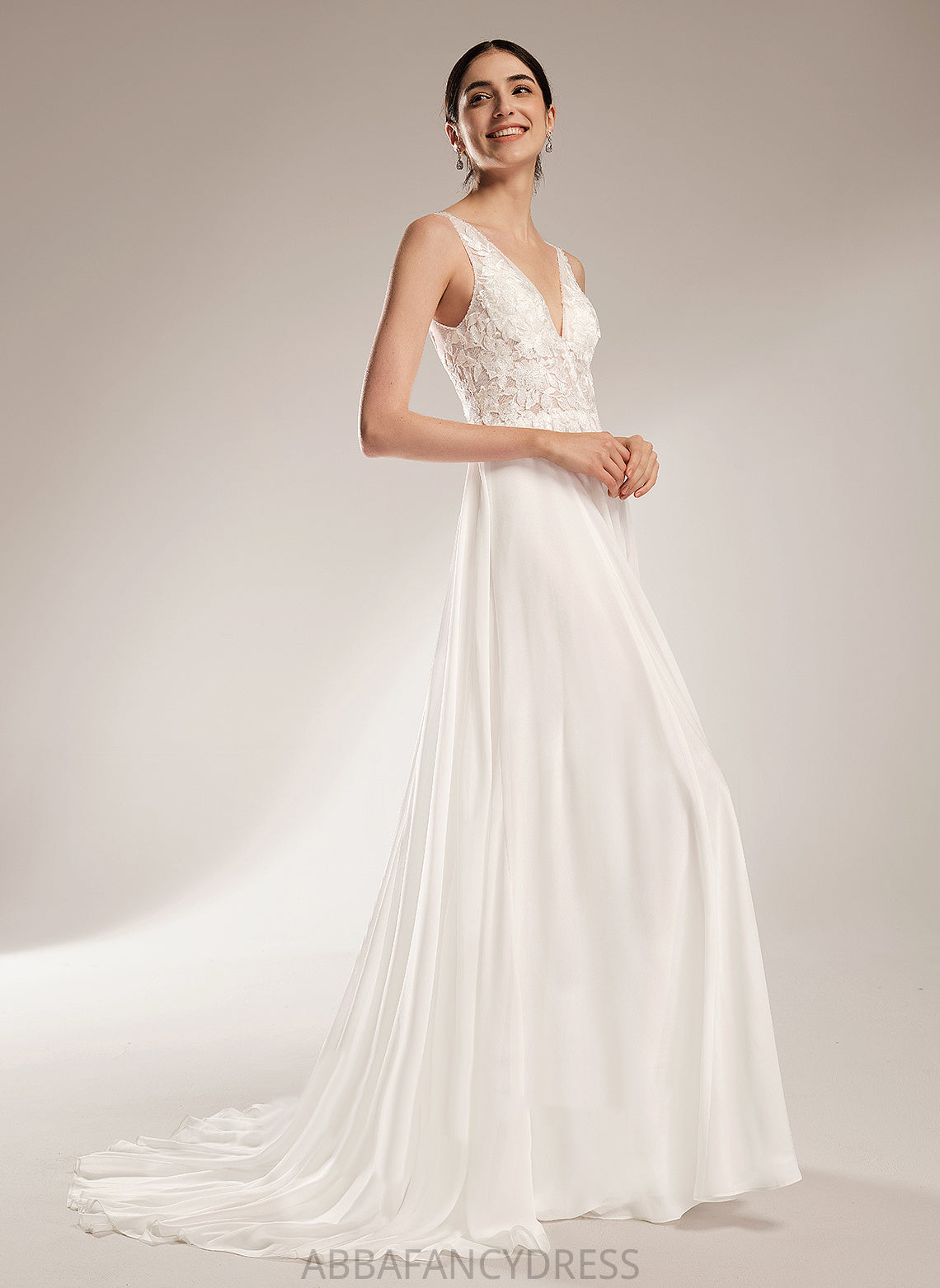 V-neck Chiffon Wedding Dresses With Beading Train Dress Sequins Court Wedding Sanaa Lace A-Line