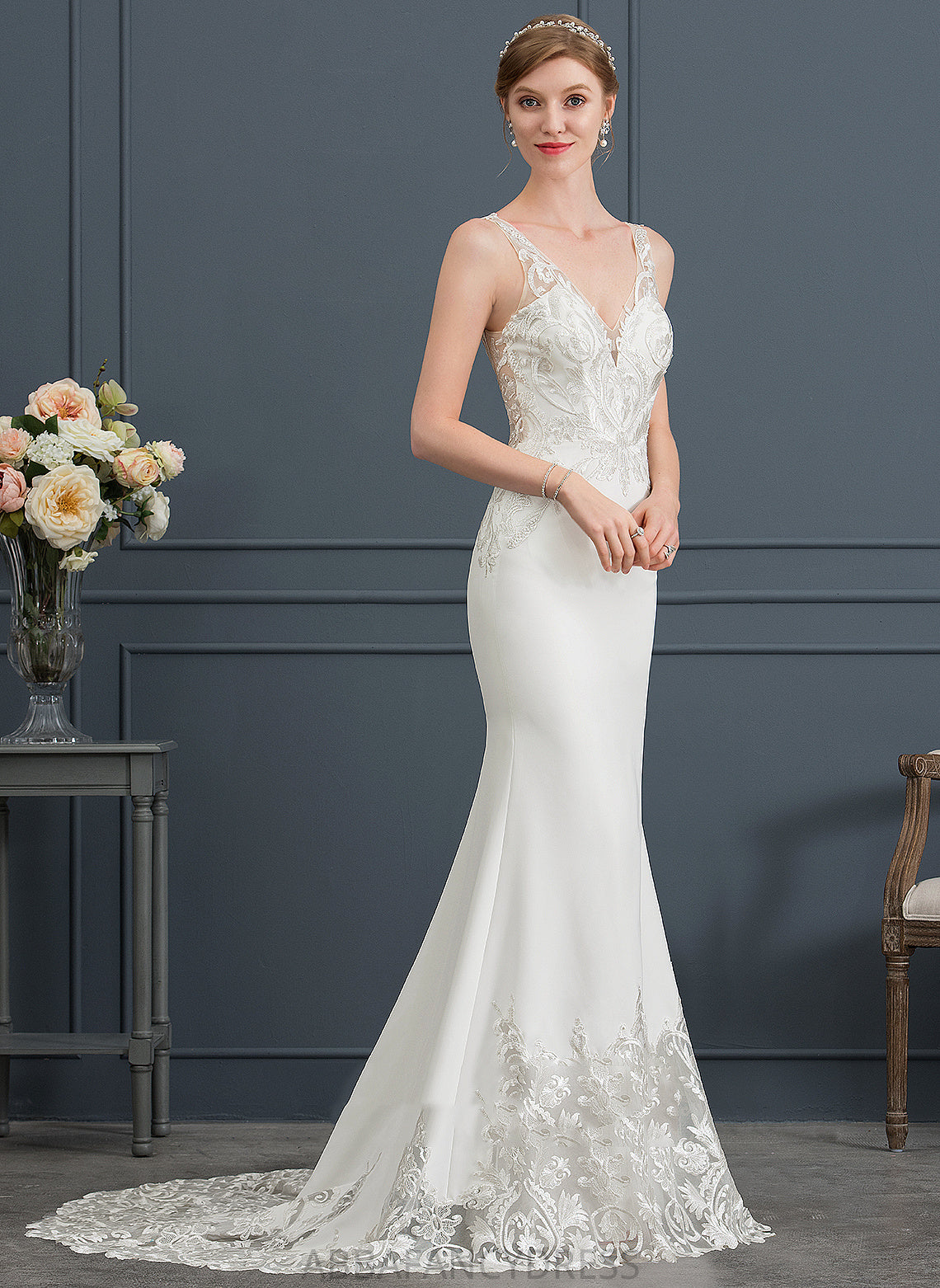 Stretch Dress Wedding Court Crepe Lace Train Wedding Dresses Ximena Trumpet/Mermaid V-neck