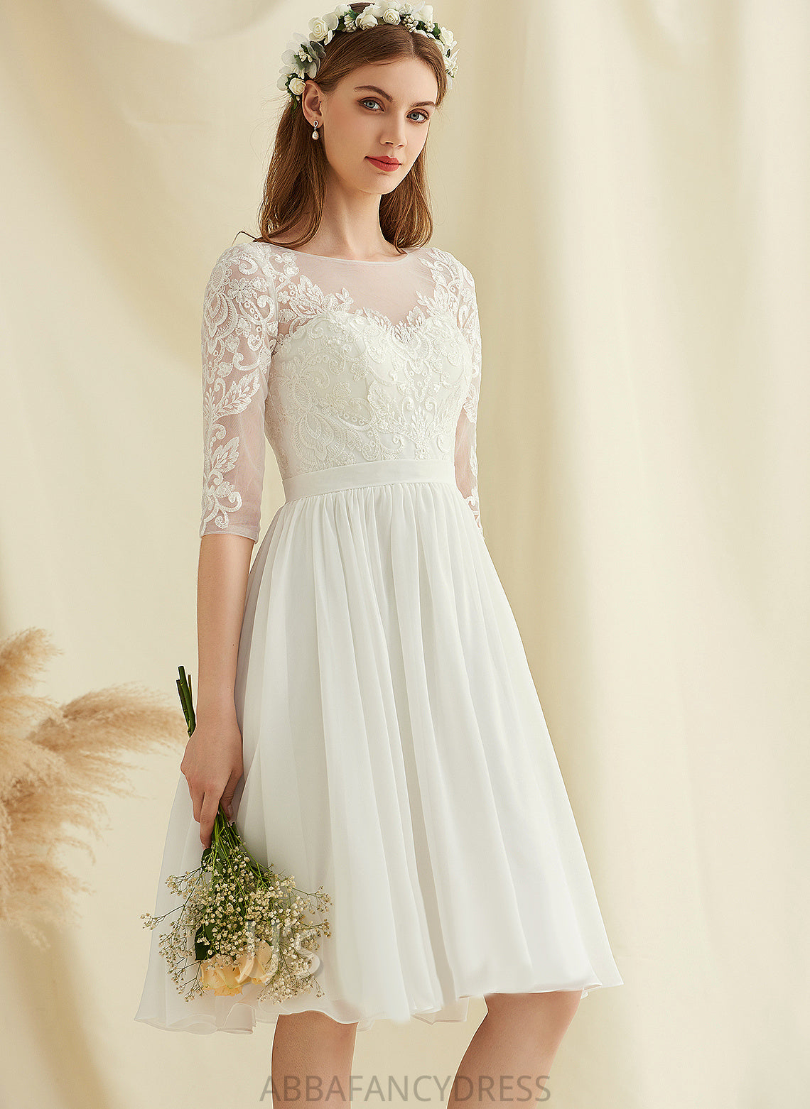 Lace Scoop Knee-Length Neck A-Line Chiffon Sequins Wedding With Dress Wedding Dresses Ida