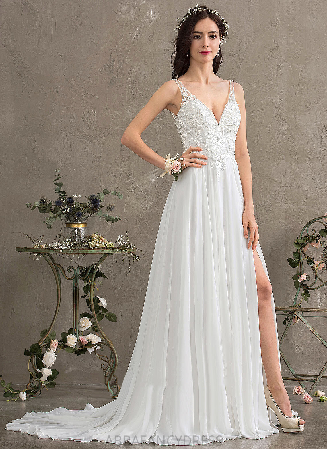 Wedding Dresses Front Sequins Lace Beading Sweep A-Line Train With Split Chiffon V-neck Wedding Dress Tabitha