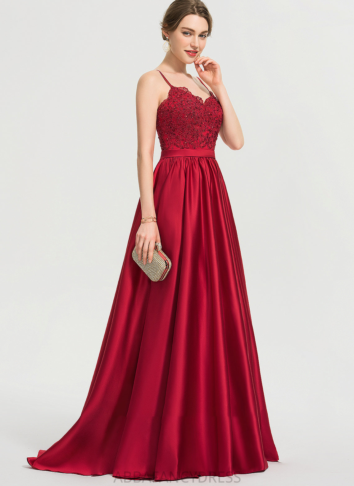 Prom Dresses Ball-Gown/Princess Satin Front Beading With Sweep Sequins Split Train V-neck Jaden